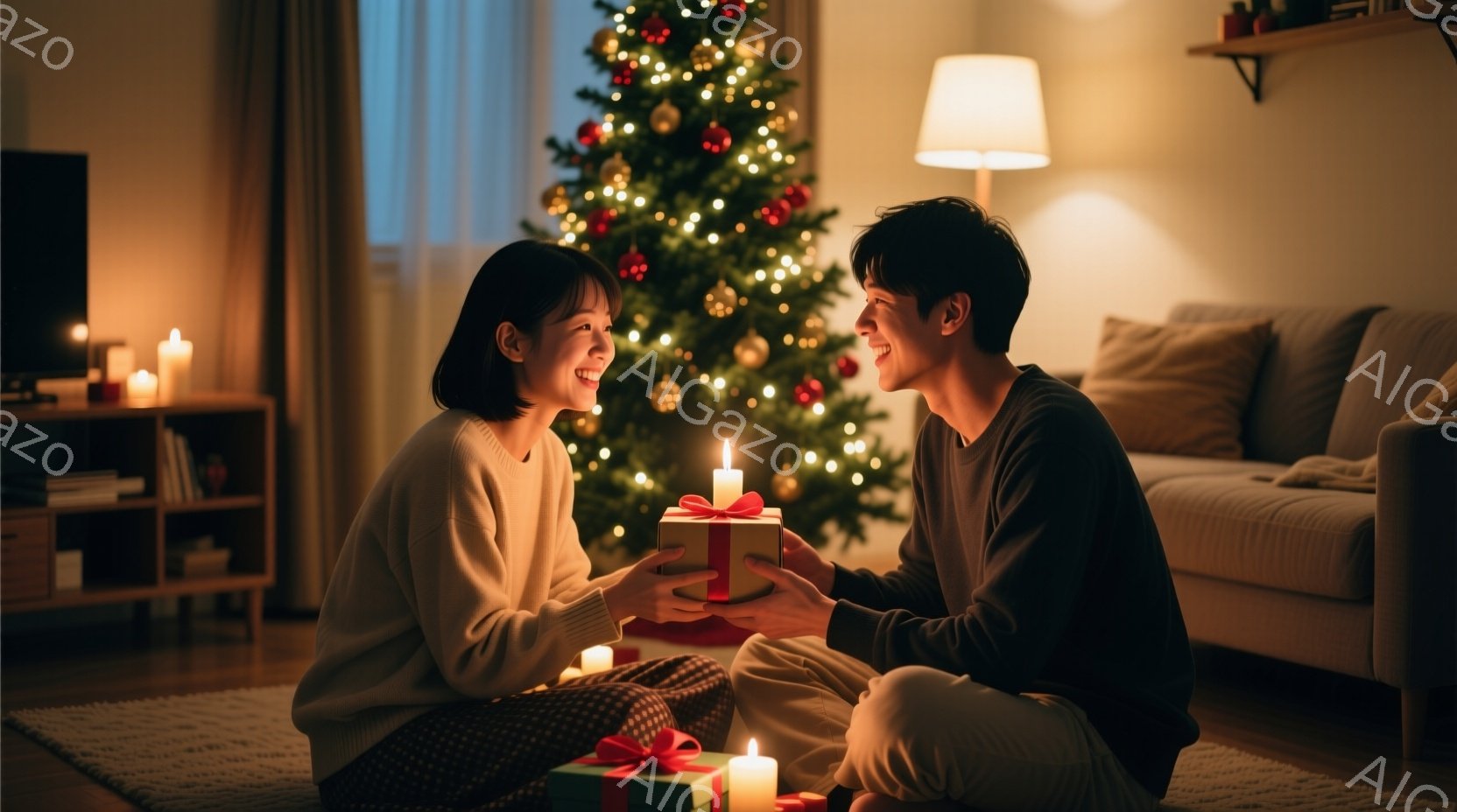 室内で、若い男女が床に座り、プレゼントを交換している様子が描かれています。女性はベージュのセーターを着ており、ロングヘアを後ろに垂らしています。男性は濃い色のセーターと白いズボンを着用し、優しい笑顔を - AI生成フリー素材