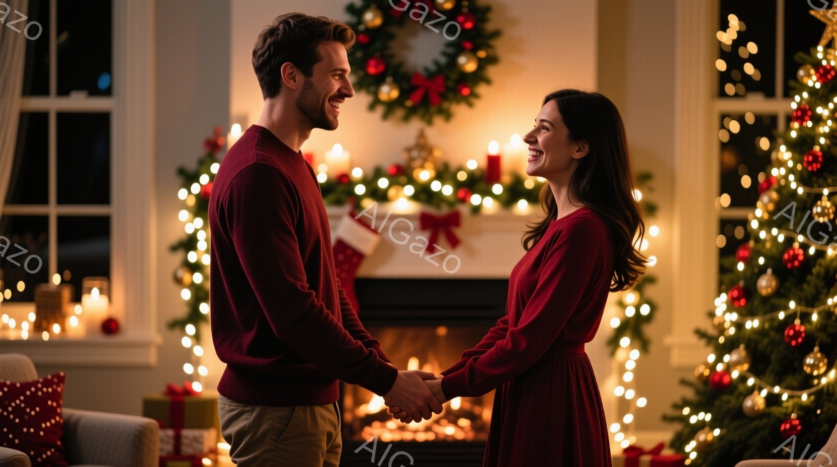 暖炉の前で、若い男女が手をつないで微笑み合っています。男性は赤いセーターとベージュのズボンを着用し、女性は赤いワンピースを着ています。背景には、クリスマスツリー、プレゼント、そしてキラキラ光る電飾が飾 - AI生成フリー素材