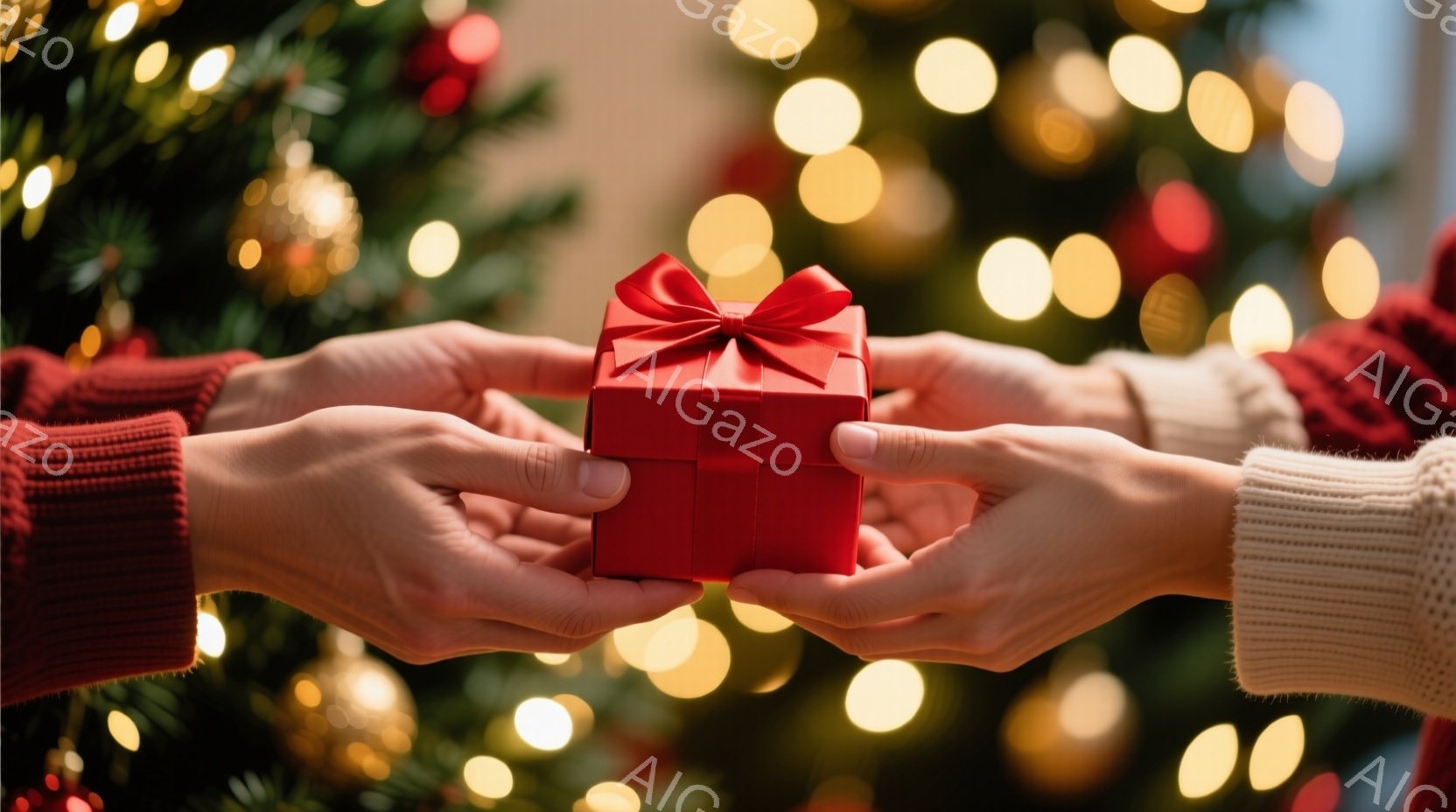 赤いギフトボックスが、編みセーターを着た二人の手に優しく渡されている様子が捉えられています。背景にはぼやけたクリスマスツリーの緑と、温かい光のボケが広がり、季節の喜びを予感させます。全体的に、愛情深く、心温まるクリスマスの贈答の瞬間が表現されています。