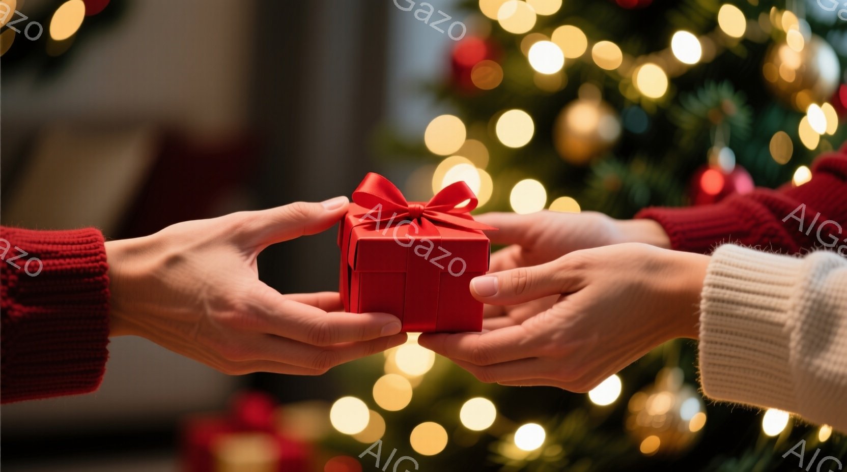 赤いセーターを着た人物の手が、赤いリボンで飾られた小さな赤いギフトボックスを渡している様子が写っている。背景はぼやけたクリスマスツリーの光で、温かく、お祝いの雰囲気が漂っている。このシーンは、愛情や感謝の気持ちを伝えるプレゼント交換の瞬間を捉えている。