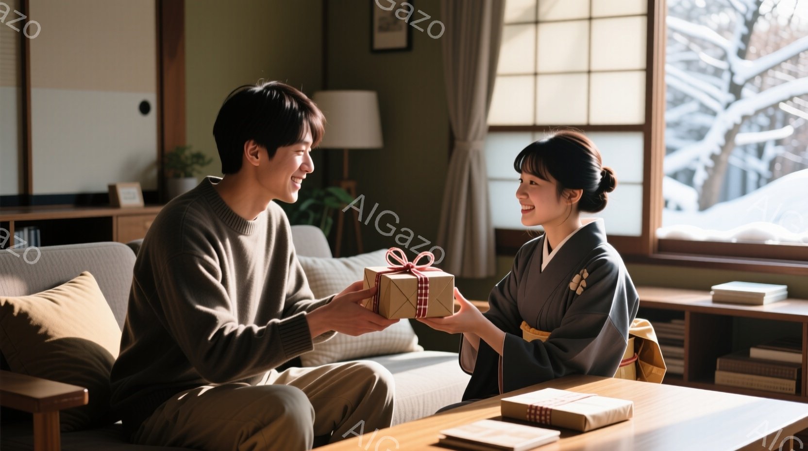柔らかいセーターを着た男性と、着物を着た女性が、明るいリビングルームでプレゼントを交換しています。女性は微笑んでプレゼントを差し出し、男性は嬉しそうにそれを受け取ろうとしています。背景には窓から見える - AI生成フリー素材