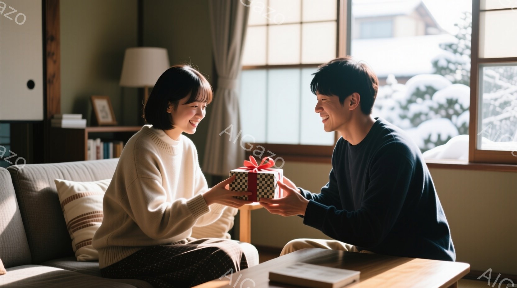 室内で、若い女性が男性にプレゼントを渡している様子が写っています。女性はベージュ色のセーターを着ており、髪は肩のあたりで内巻きになっています。男性は濃い青色のスウェットを着ており、プレゼントを受け取るために手を伸ばしています。背景には本棚と窓があり、窓の外は雪景色で、温かく穏やかな雰囲気が漂っています。