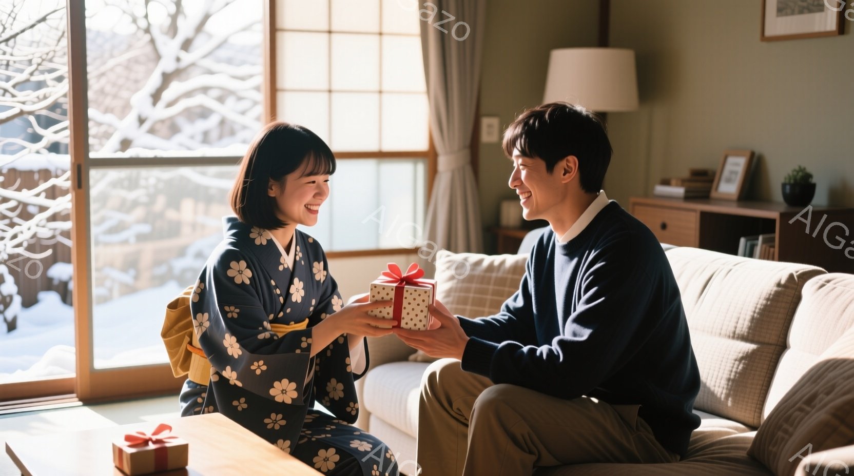 女性は花柄の着物を着て笑顔で男性に赤いリボンがついた小さな箱を渡しています。男性はベージュのズボンと紺色のセーターを着て、優しい笑顔でそれを受け取ろうとしています。窓の外は雪景色で、室内は暖かく、穏や - AI生成フリー素材
