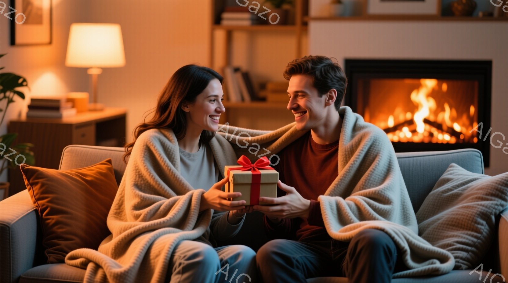 ソファに座った若い男女が、温かい毛布に包まれ、プレゼントを交換し合っている様子が写っています。女性は長い茶色の髪で、笑顔でプレゼントを受け取ろうとしており、男性は笑顔で赤いリボンで飾られた箱を差し出しています。背景には暖炉があり、暖かく居心地の良い雰囲気を醸し出しています。