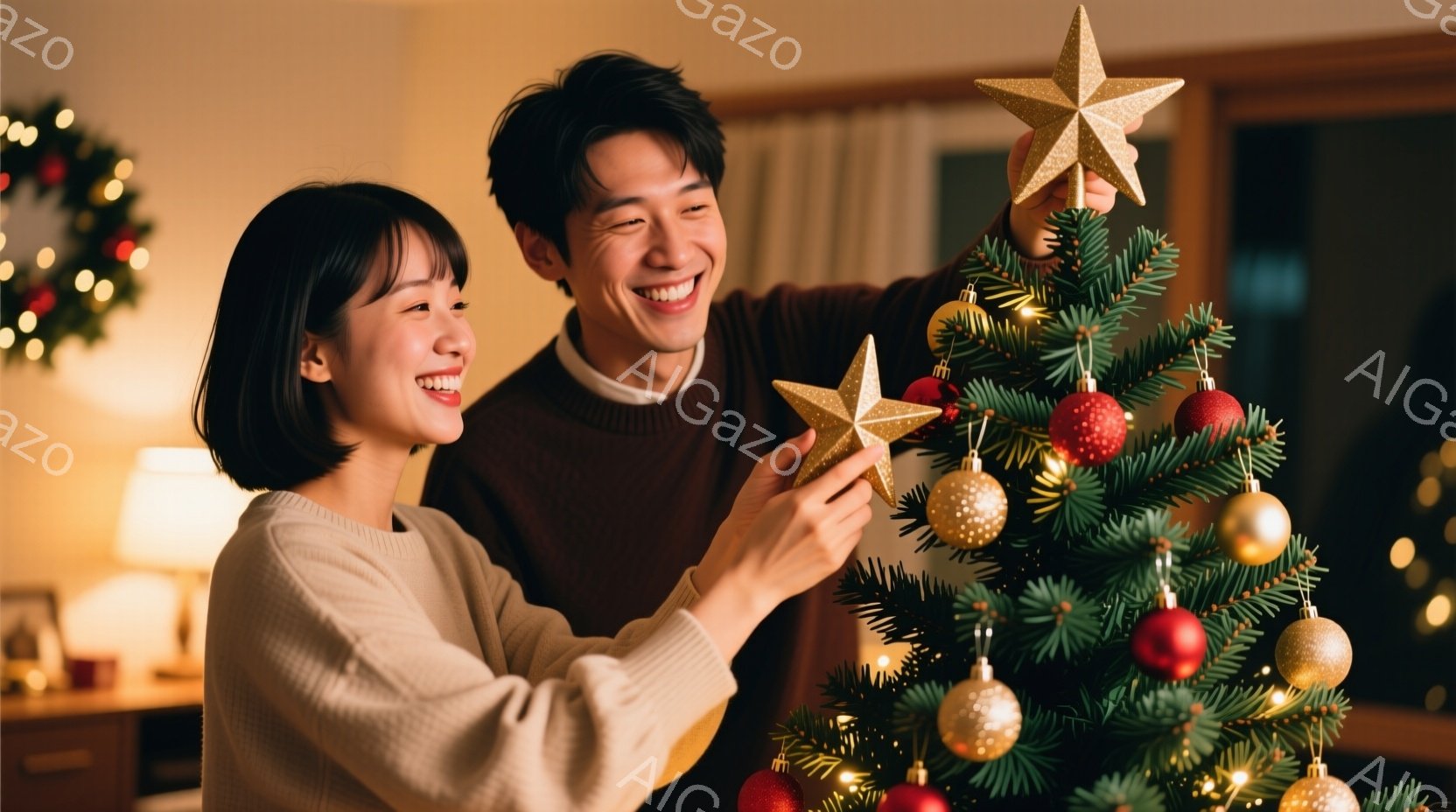 若い女性と男性がクリスマスツリーの飾り付けをしている様子が写っている。女性は白いセーターを着ており、髪は肩までの長さで内側にカールしている。男性は茶色のニットを着ており、笑顔で星型のオーナメントをツリ - AI生成フリー素材
