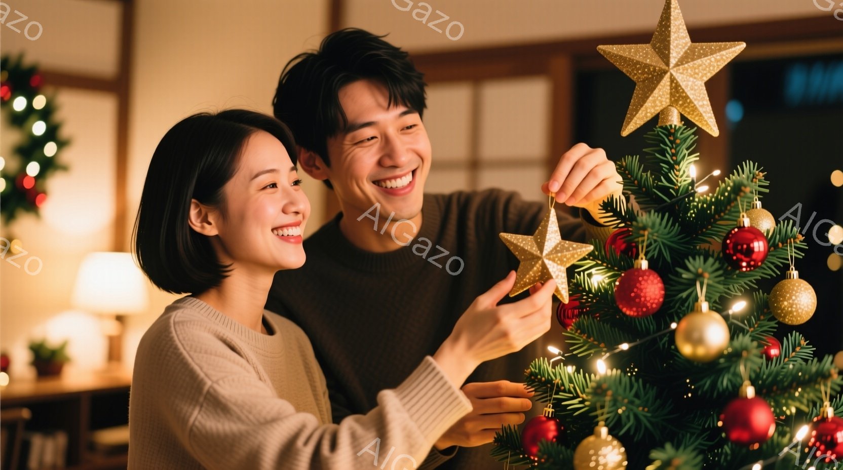 室内でクリスマスの飾り付けをする若い男女が写っています。女性はベージュのニットを着ており、髪は肩までの長さで、笑顔で男性を見つめています。男性は濃い色のセーターを着ており、クリスマスツリーに金色の星の - AI生成フリー素材