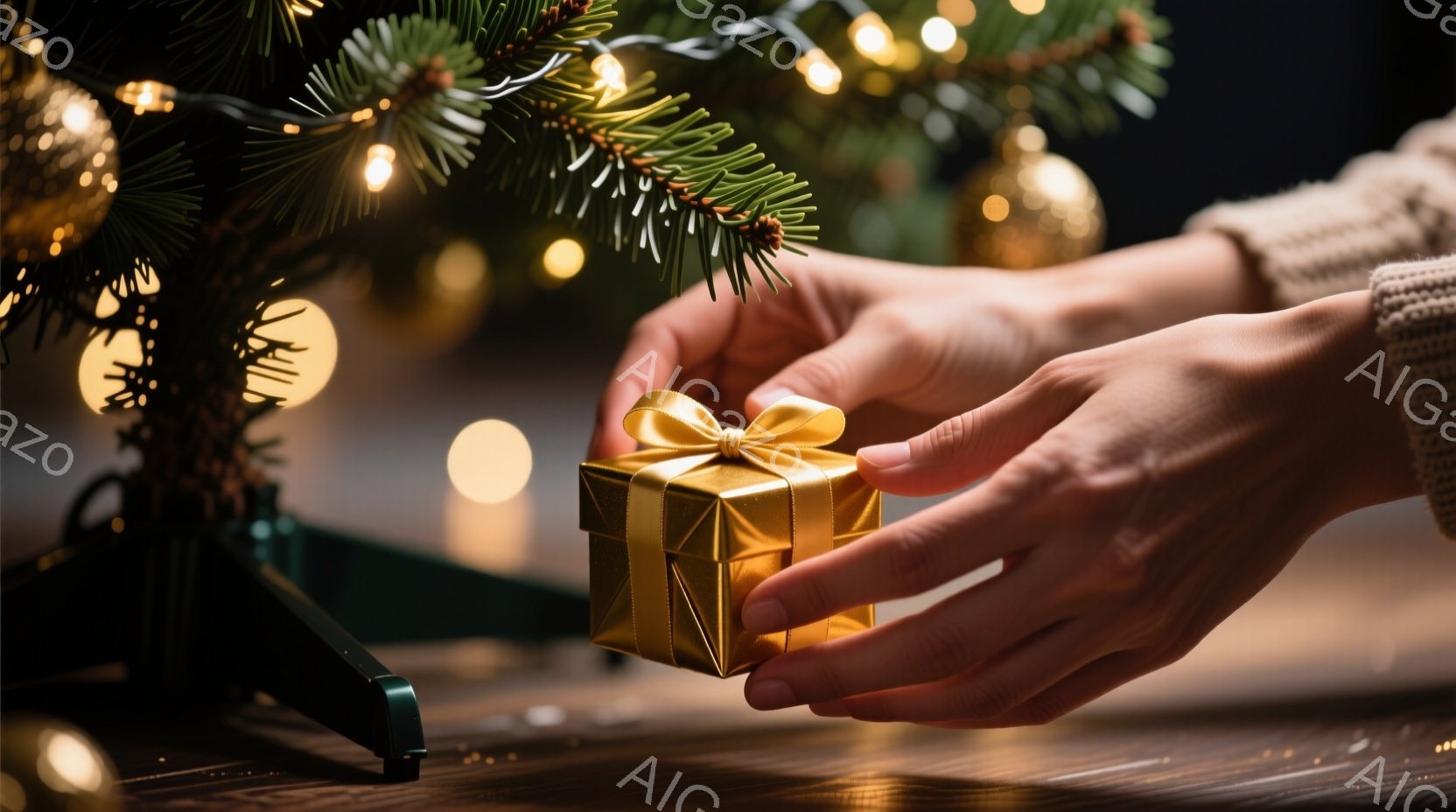 暖炉のそばの木の上で、金色のリボンで結ばれた小さな金の箱を女性の手が優しく持っています。背景にはぼやけたクリスマスツリーの飾りと暖かく柔らかな光が広がっており、温かく穏やかなクリスマスの雰囲気を醸し出 - AI生成フリー素材