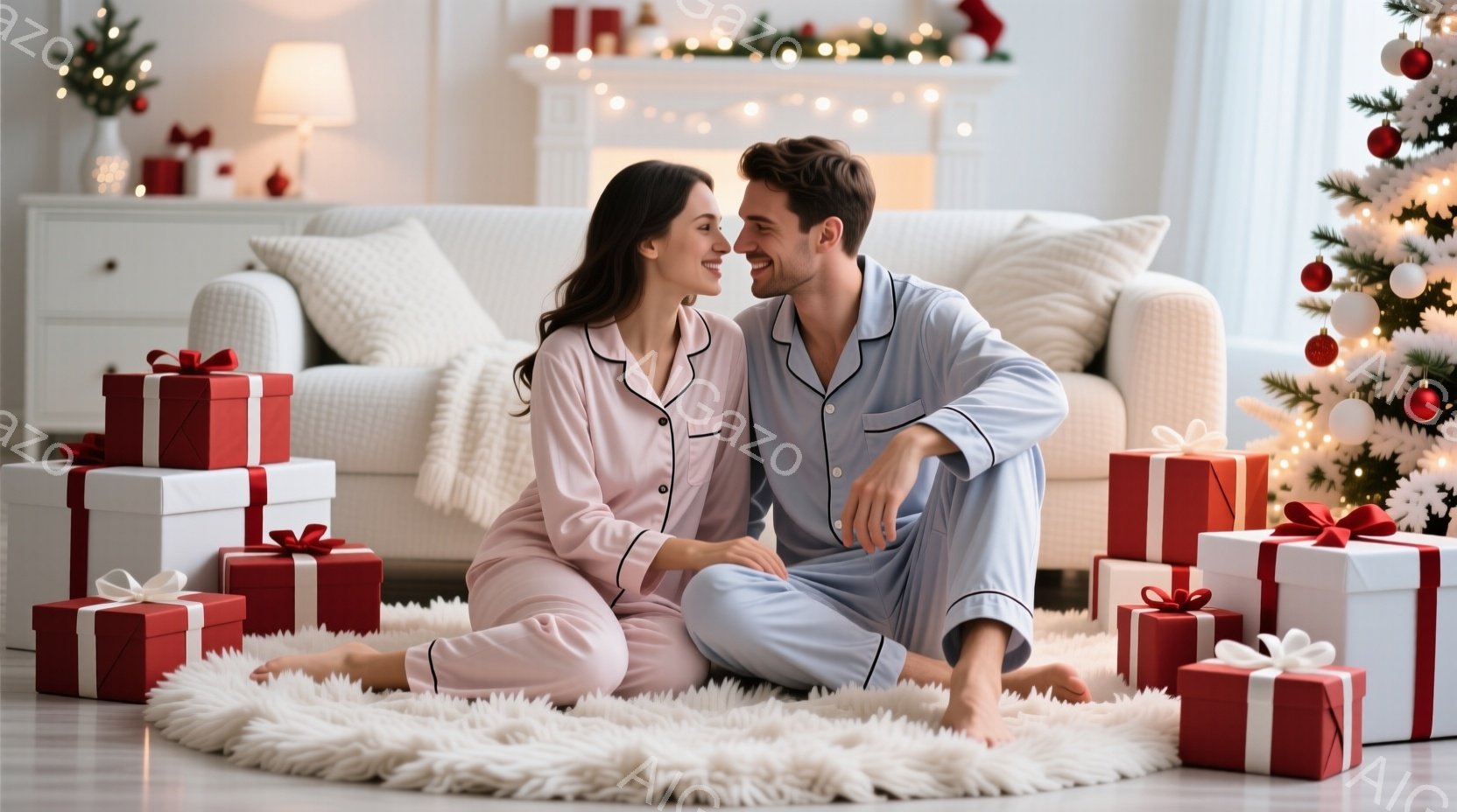 暖炉のあるリビングルームで、若い夫婦がプレゼントに囲まれて座っています。女性はピンク色のパジャマを着て微笑んでおり、男性は青色のパジャマを着て彼女を見つめています。背景にはクリスマスツリーと装飾が施された暖炉があり、全体的に温かく、幸せなクリスマスの雰囲気が漂っています。