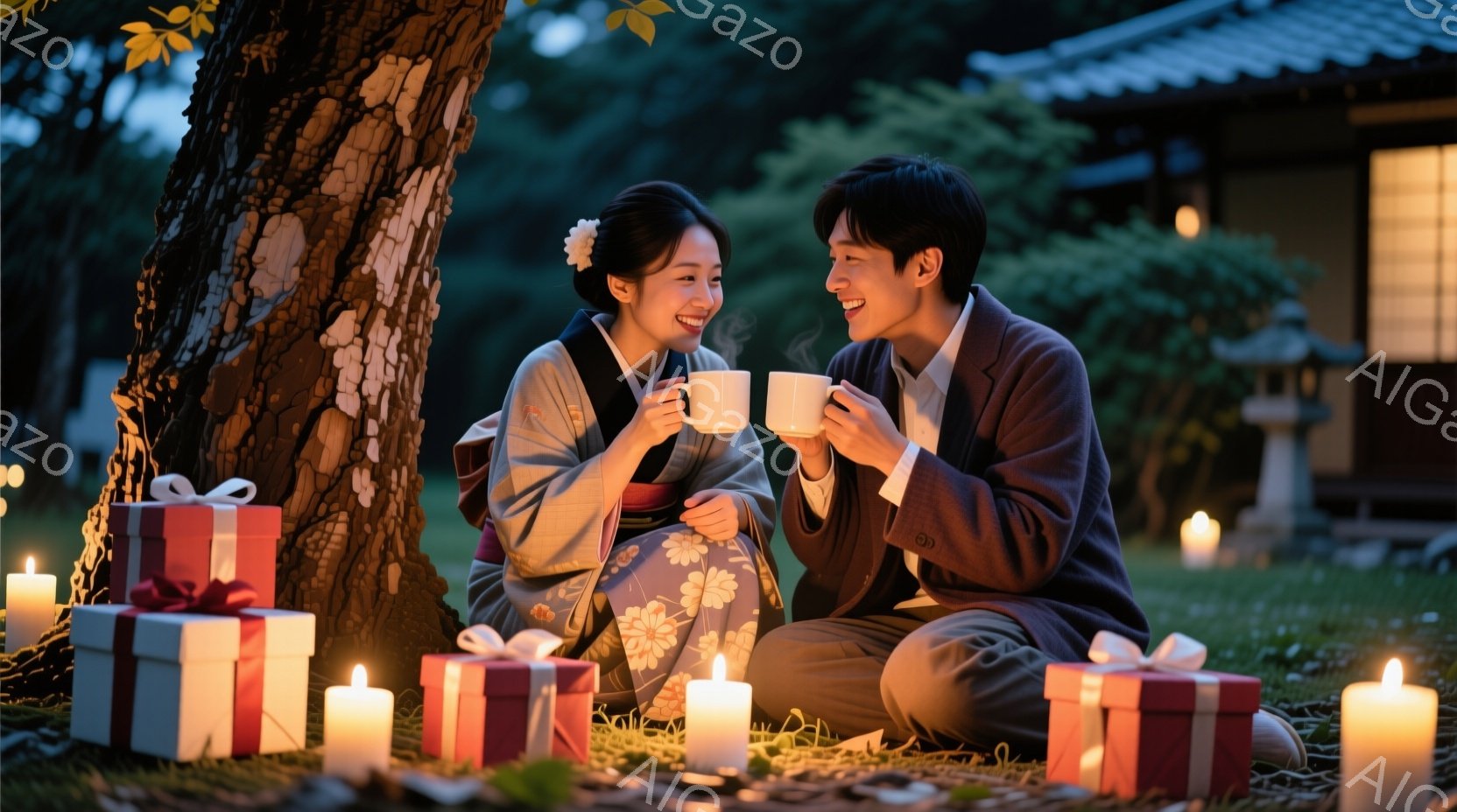 一対の男女が芝生の上で向かい合って座り、湯呑みを手にしている。女性は花柄の着物を着け、髪を後ろでまとめ、微笑んでいる。背景には松の木や和風の建物が見え、地面にはプレゼントの箱とロウソクが置かれ、幻想的でロマンチックな雰囲気を醸し出している。