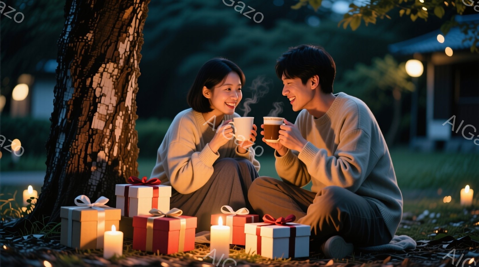 若い男女が芝生の上に座り、温かい飲み物を手に微笑み合っています。女性は明るい髪を肩まで下ろし、白いセーターを着ています。背景には、ろうそくやプレゼントボックスが並び、遠くには薄暗い建物が見え、ロマンチックで穏やかな雰囲気を醸し出しています。