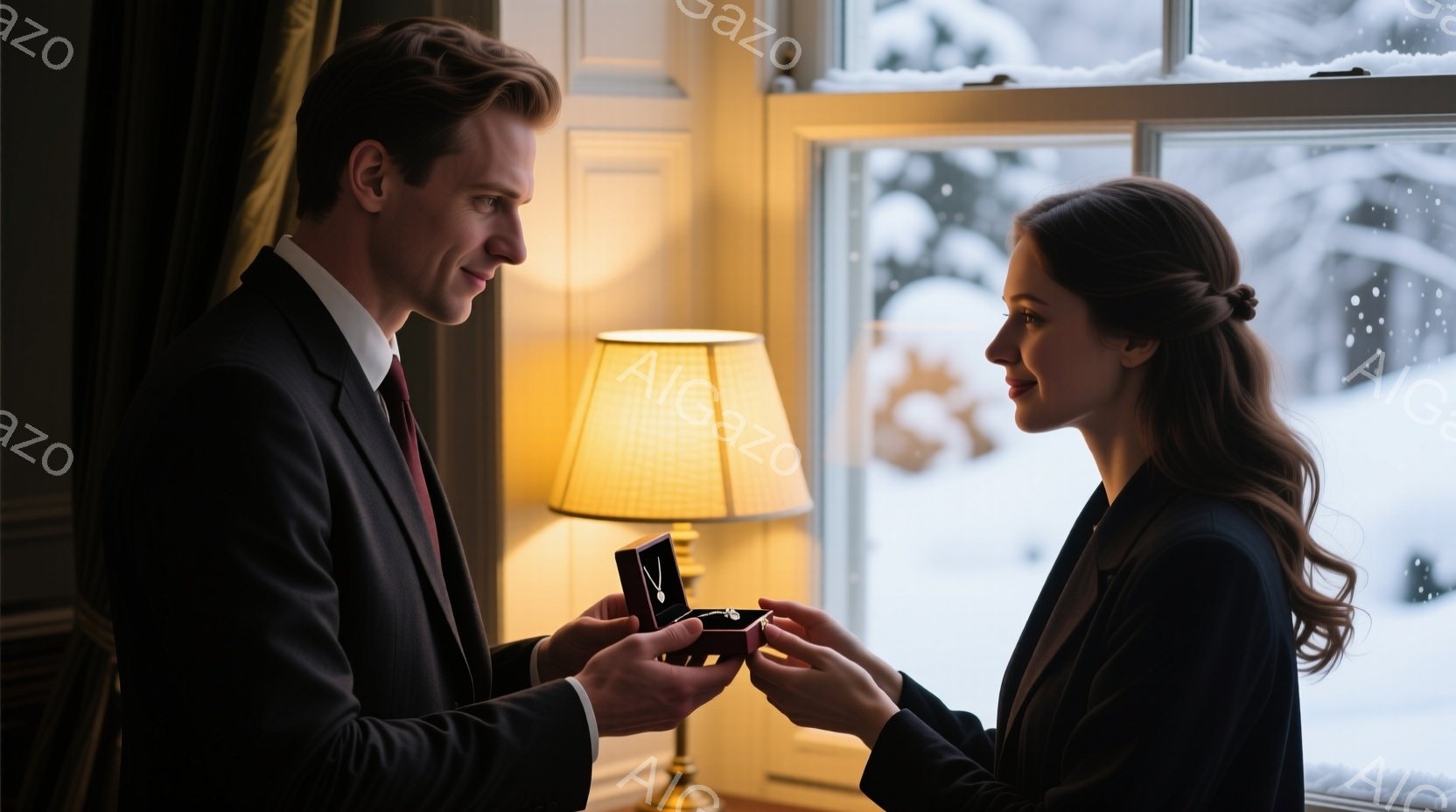 窓辺で、男性が女性に開いた宝石箱を差し出している様子が描かれている。男性はダークグレーのスーツに赤いネクタイ、女性は黒いジャケットを着用し、髪は後ろでまとめている。背景には雪が降る冬景色が広がり、暖色系のランプの光が室内を照らし、ロマンチックで温かい雰囲気を醸し出している。
