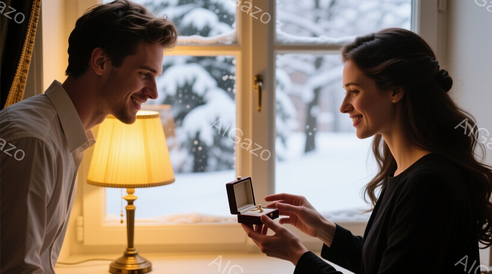 一対のカップルが、窓辺でプロポーズの瞬間を捉えられています。男性は白いシャツを着て微笑んでおり、女性は黒いドレスを着て、開いた指輪箱を見つめ、喜んでいる表情です。背景には雪景色が広がり、室内には温かい光を放つランプがあり、ロマンチックで穏やかな雰囲気を醸し出しています。