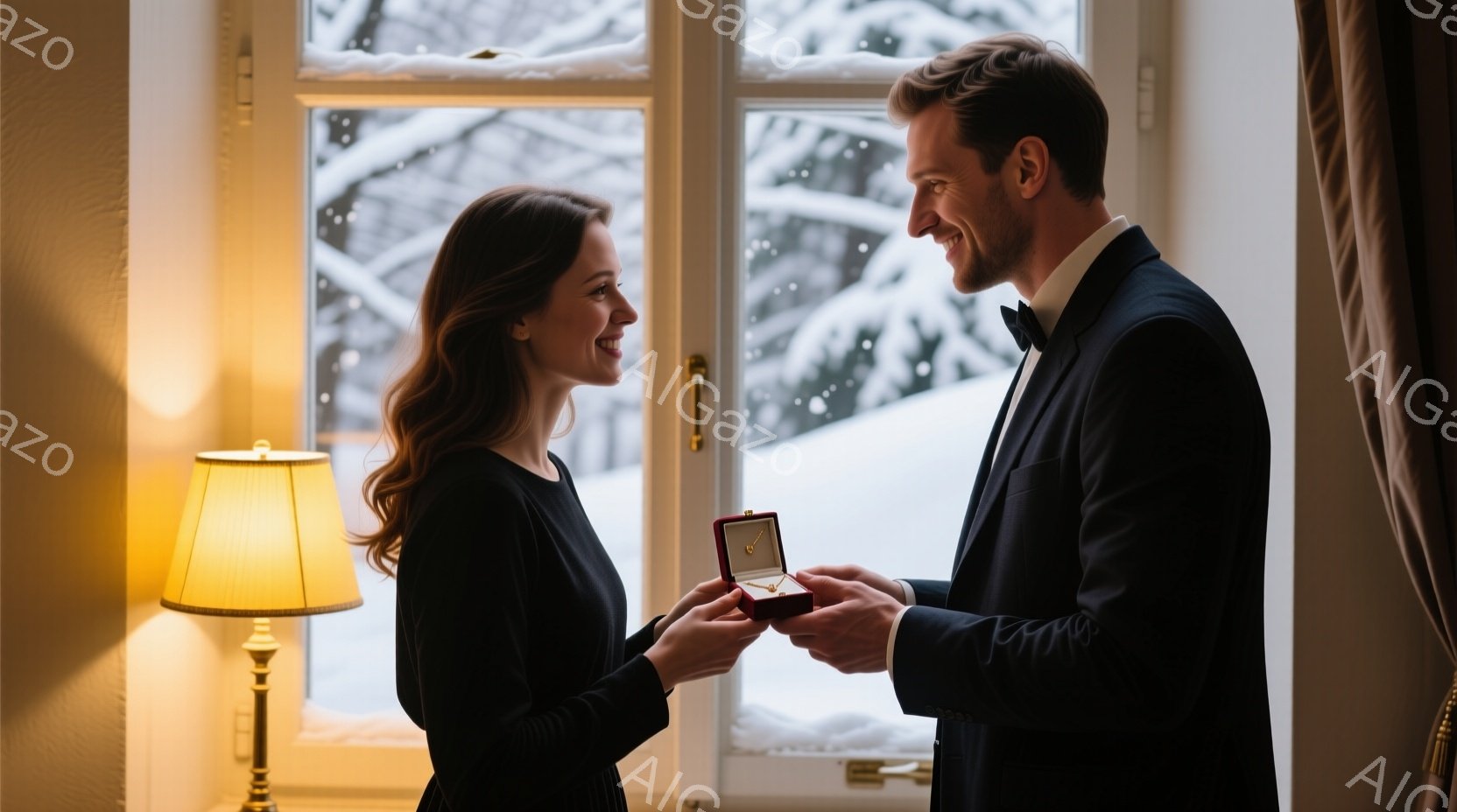 長い髪を優雅に下ろした女性が、正面にひざまずいた男性から小さな箱を受け取ろうとしている場面だ。男性は黒いタキシードを着ており、女性は黒いドレスを着ている。背景には雪景色が見え、室内は暖かく、ロマンチックな雰囲気が漂っている。