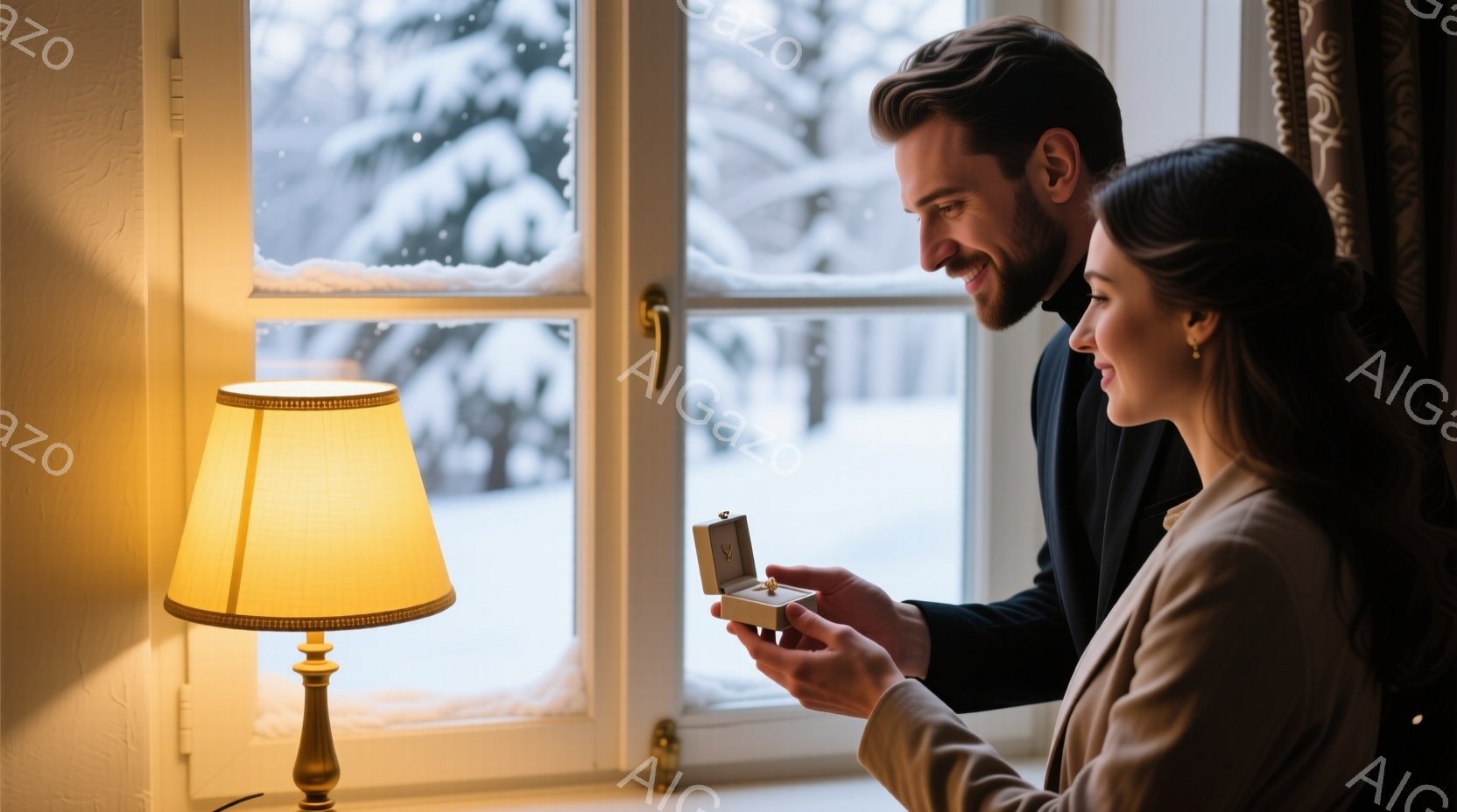 窓辺で、男性が片膝をつき、女性に指輪の入った小さな箱を差し出している姿が描かれている。女性は長い茶色の髪で、優雅なベージュ色のドレスを着ており、驚きと喜びの表情を浮かべている。背景には雪景色が広がり、暖かいランプの光が室内を照らし、ロマンチックで穏やかな雰囲気を醸し出している。