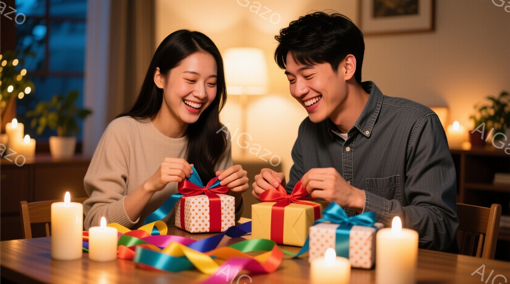 左右に若い男女がプレゼントを開けている様子が写っています。女性は肩出しのセーターを着て、長い髪を後ろに流し、笑顔でプレゼントの赤いリボンを結んでいます。男性は青いシャツを着て、同じように笑顔で別のプレゼントの赤いリボンを結んでいます。背景には、ろうそくの灯りが暖かく、プレゼントがいくつか並べられており、お祝いの雰囲気が漂っています。