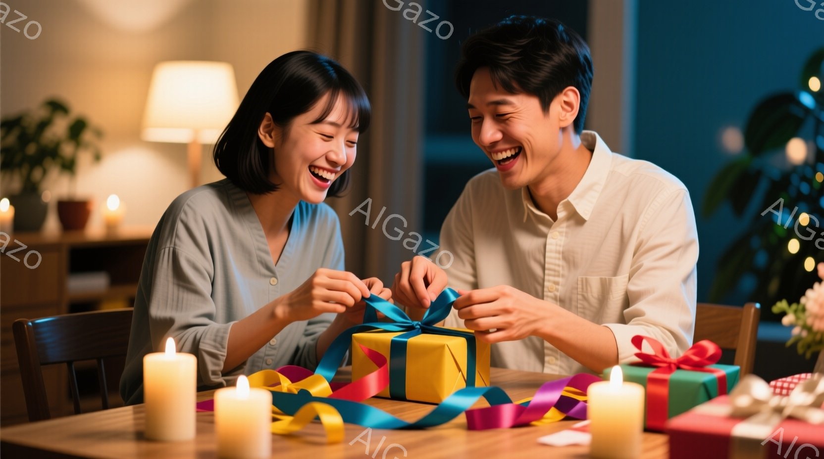 若い男女がプレゼントのラッピングを手伝い合って楽しそうに笑っています。女性はグレーのシャツを着ており、髪は肩にかかる長さで、満面の笑みを浮かべています。背景には椅子とキャンドルが置かれ、温かく親密な雰囲気が漂っています。