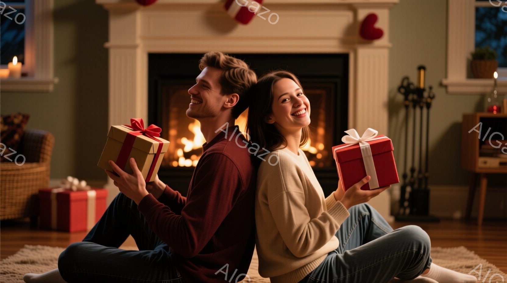 暖炉の前で、男性と女性が床に座り、それぞれプレゼントの箱を持っています。男性は黒いズボンとシャツを着ており、女性は白いセーターを着ています。両者とも笑顔で、背景にはクリスマスツリーや装飾が見え、温かく - AI生成フリー素材