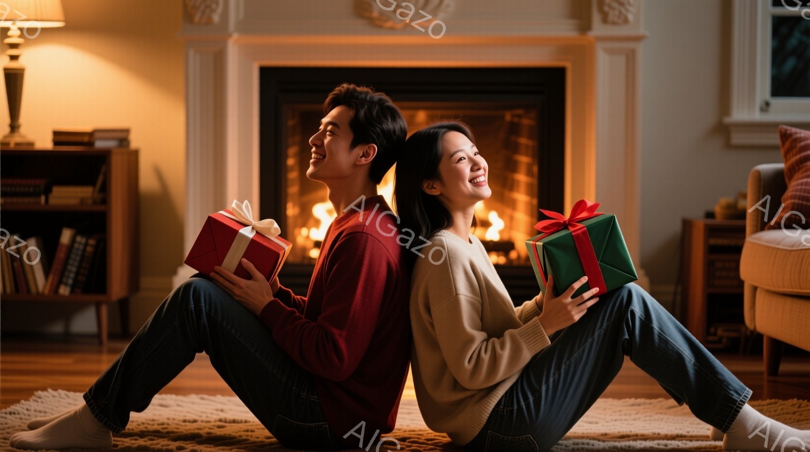 暖炉の前で座っている若い男女が描かれています。男性は赤いセーターとジーンズ姿で、女性はオフホワイトのセーターとジーンズ姿で、それぞれプレゼントの箱を抱えています。背景には本棚とソファが見え、全体的に温 - AI生成フリー素材