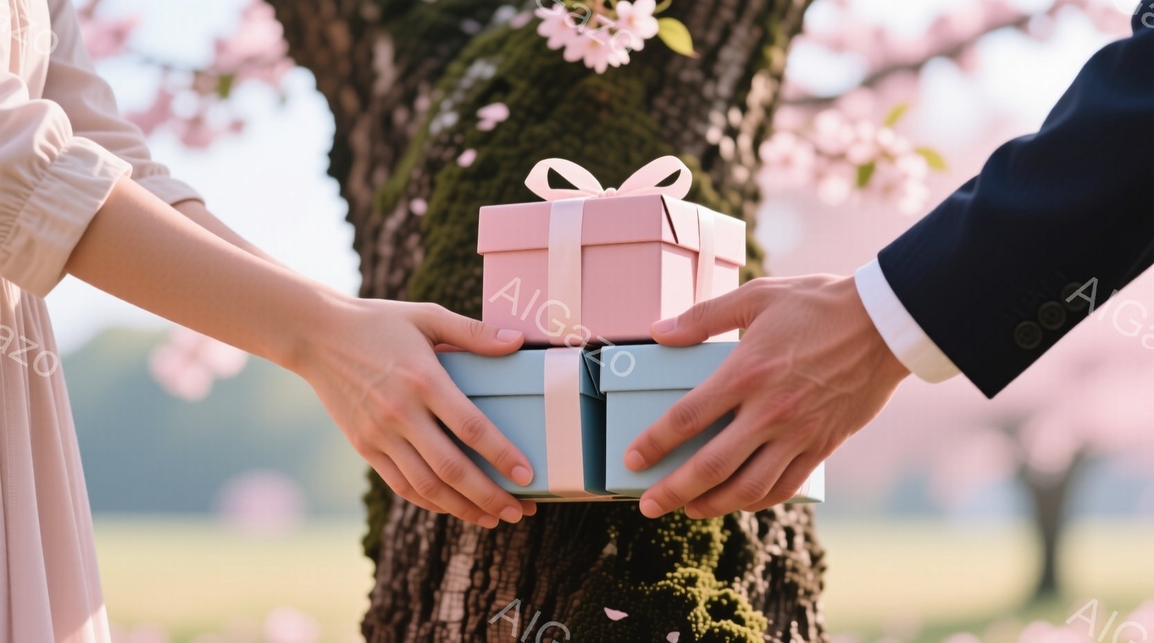 優しいピンクと水色のギフトボックスが、木の幹を背景に並べられ、男性と女性の手によって交換されようとしている。女性は薄いピンク色の袖のある服を着ており、男性は紺色のスーツに白いシャツを着ている。背景は桜の花びらが舞う緑豊かな草原で、春の穏やかな、ロマンチックな雰囲気を醸し出している。