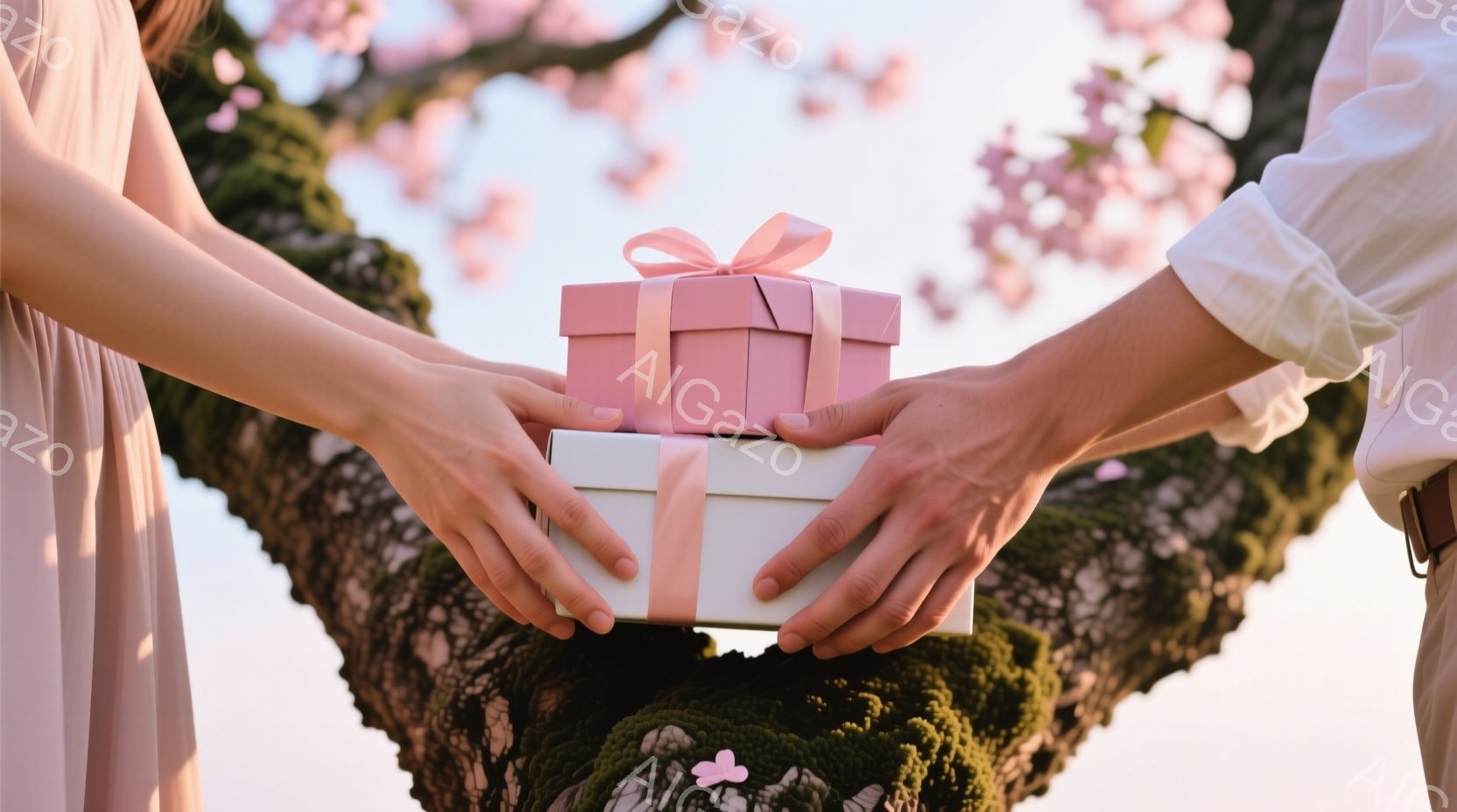 薄桃色のリボンで結ばれた二つのギフトボックスが、一人の女性と男性の手によって支えられています。女性は薄いピンク色のドレスを着ており、男性は白いシャツを着ています。背景には、桜の花びらが舞い散る桜の木が - AI生成フリー素材