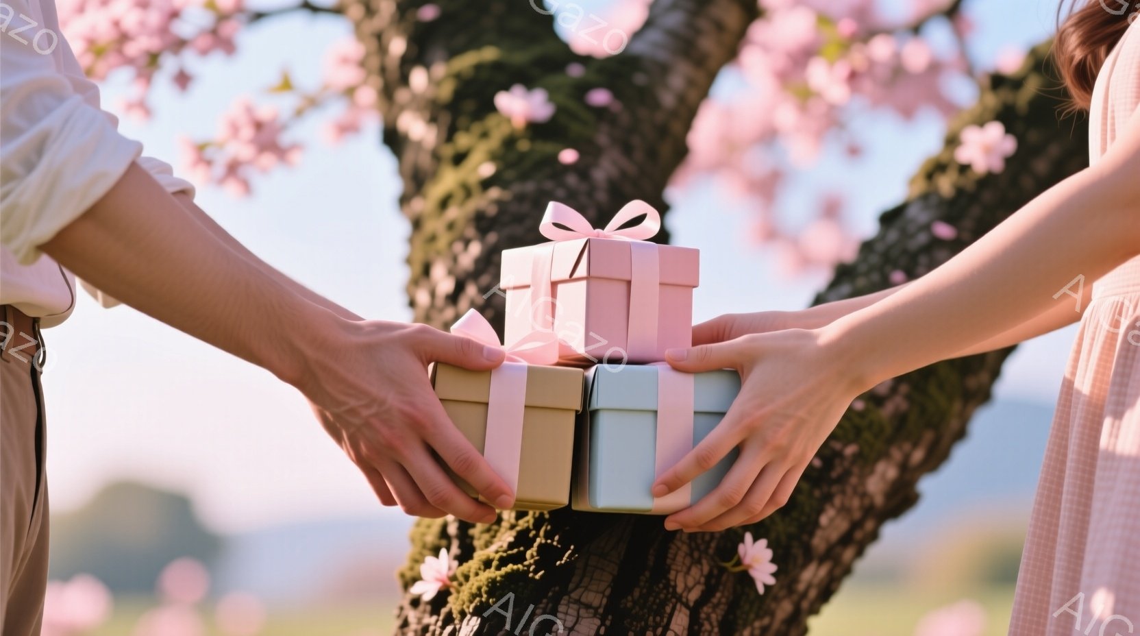 桜の木の幹を背景に、プレゼントの箱を積み重ねて互いに差し出している手が写っている。包装紙は淡いピンク、ベージュ、水色の３色で、それぞれにリボンが結ばれている。春らしい柔らかい光と背景の桜の花が、贈り物と温かい交流を象徴している。