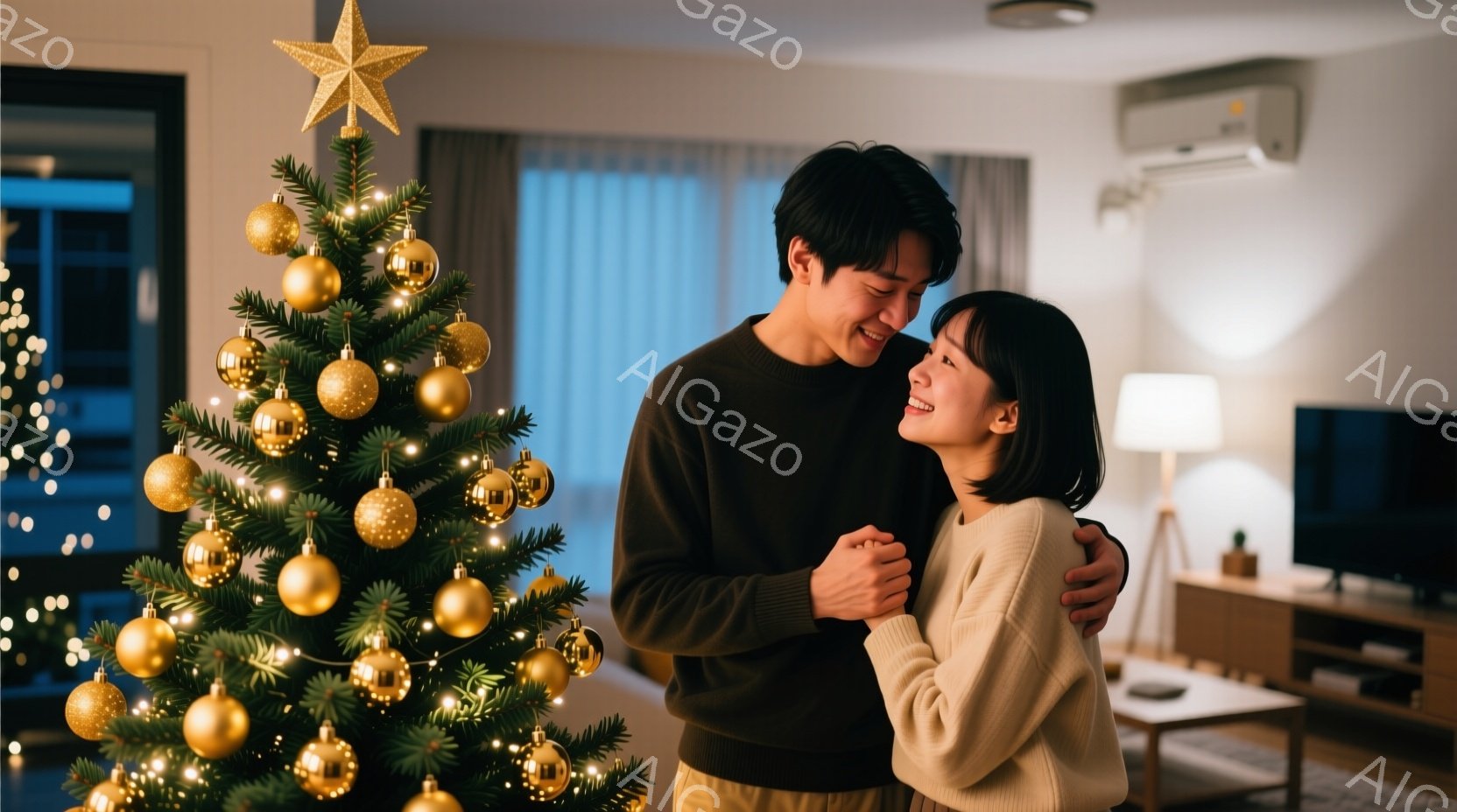 クリスマスツリーの前で若いカップルが抱き合っている。男性は黒いセーターを着ており、女性はクリーム色のニットを着ている。背景には、シンプルなリビングルームと、間接照明の温かい光が広がっている。 - AI生成フリー素材