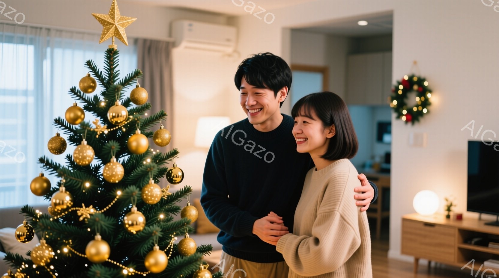 室内にはクリスマスツリーが飾られており、若い男女が寄り添って立っています。男性は紺色のセーターを着ており、女性は白いセーターを着ています。二人は笑顔で、温かく幸せな雰囲気が漂っています。 - AI生成フリー素材