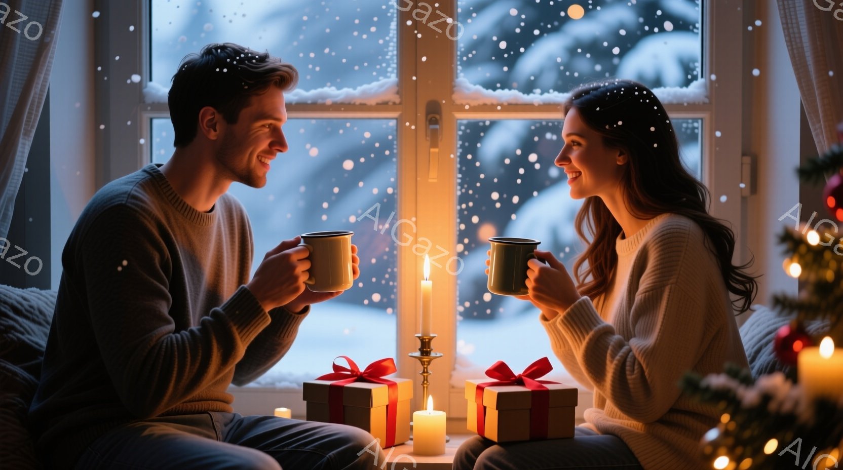 暖炉のそばで、若い男女が向かい合って座り、温かい飲み物を楽しんでいます。男性はセーターを着ており、女性はゆったりとしたニットを着て、笑顔で相手を見つめています。背景には雪が降る窓と、赤いリボンで飾られ - AI生成フリー素材
