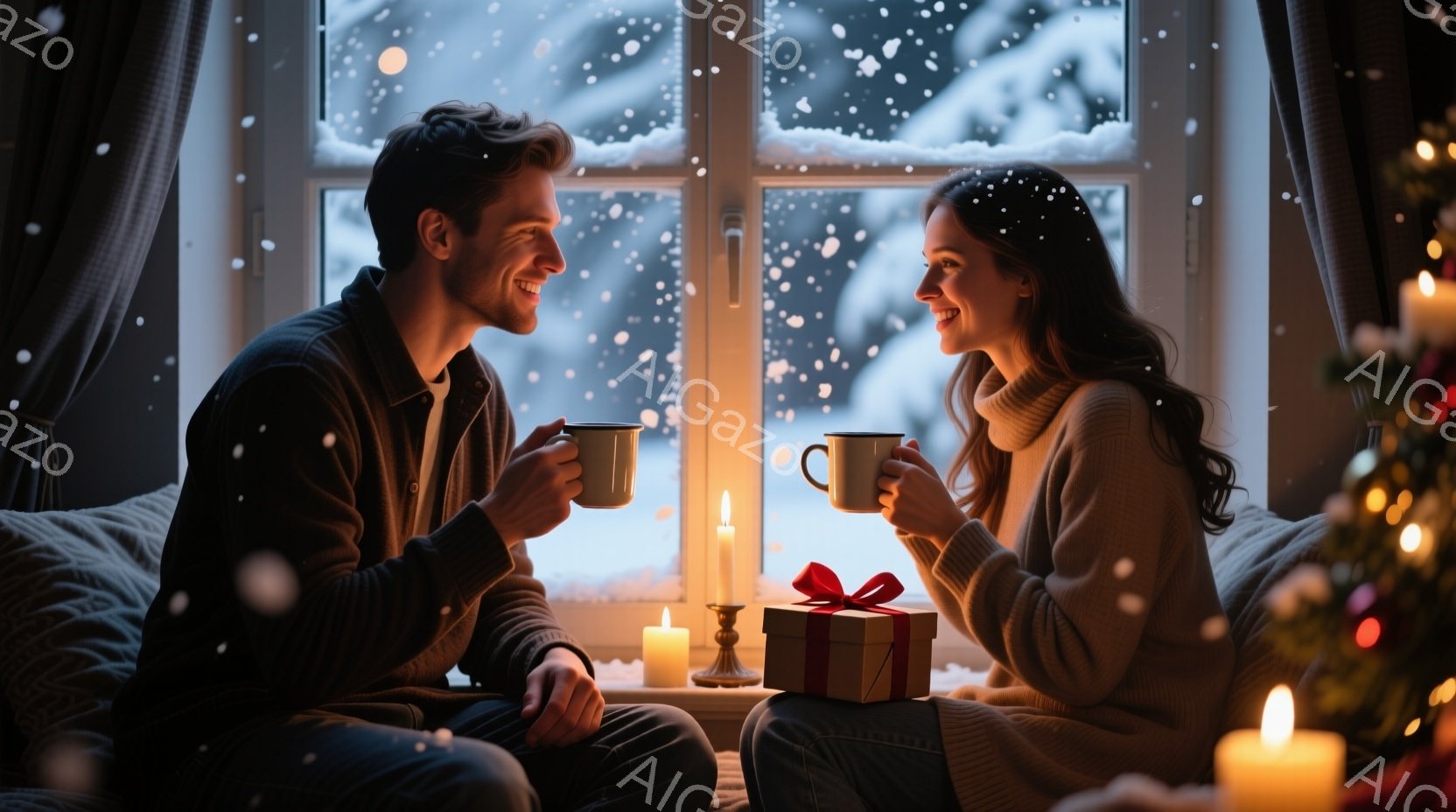窓辺で寄り添う若い男女が描かれています。男性はダークグレーのジャケットを着ており、女性はクリーム色のセーターを着ています。彼らは笑顔で互いを見つめ、温かい飲み物を楽しんでいます。背景には雪景色が広がり - AI生成フリー素材