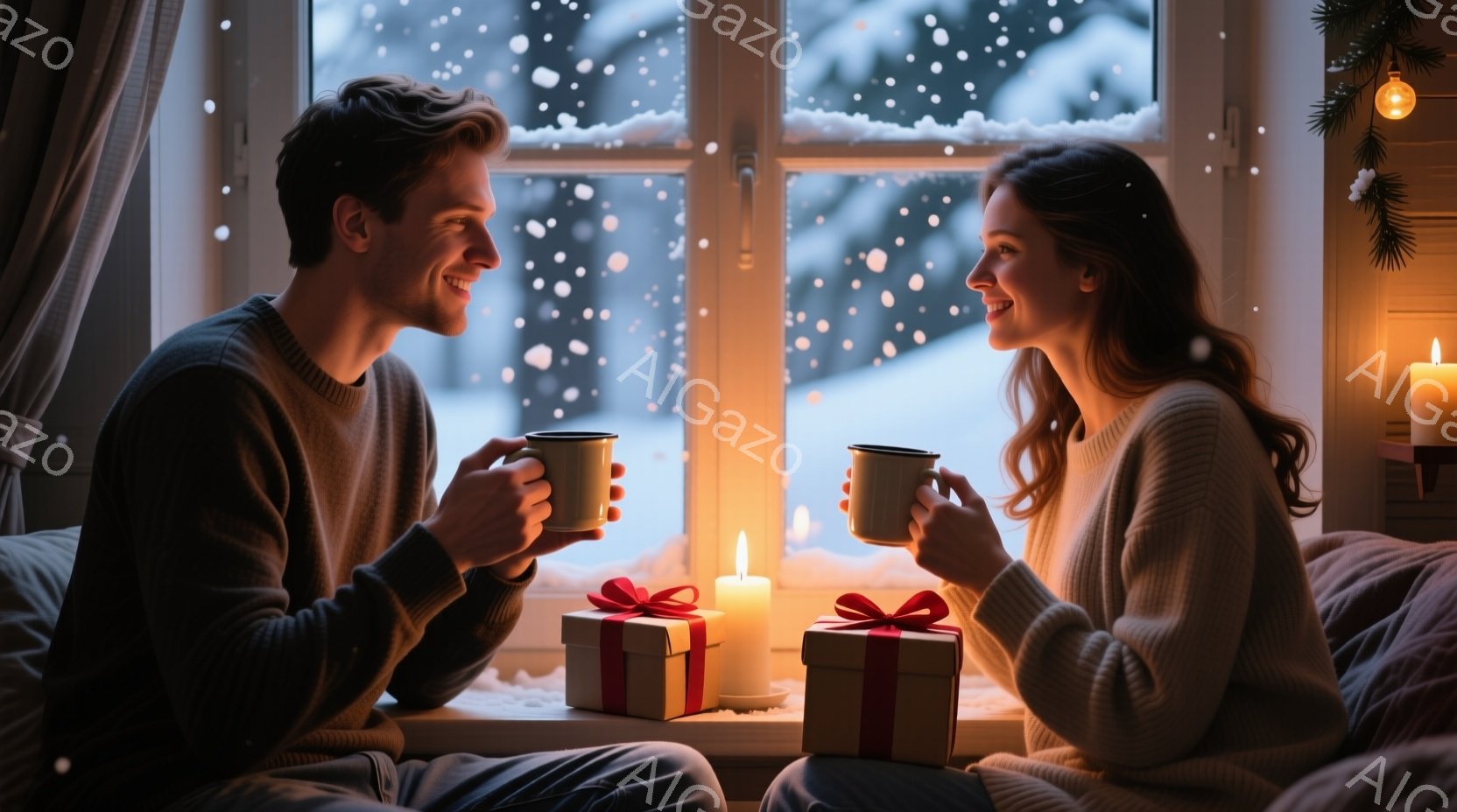 窓辺で寄り添う若い男女が、温かい飲み物を手に微笑み合っています。男性は濃い色のセーターを着ており、女性はベージュのニットを着て、ゆるく巻いた髪が肩にかかっています。背景には雪が降り積もる景色と、キャン - AI生成フリー素材