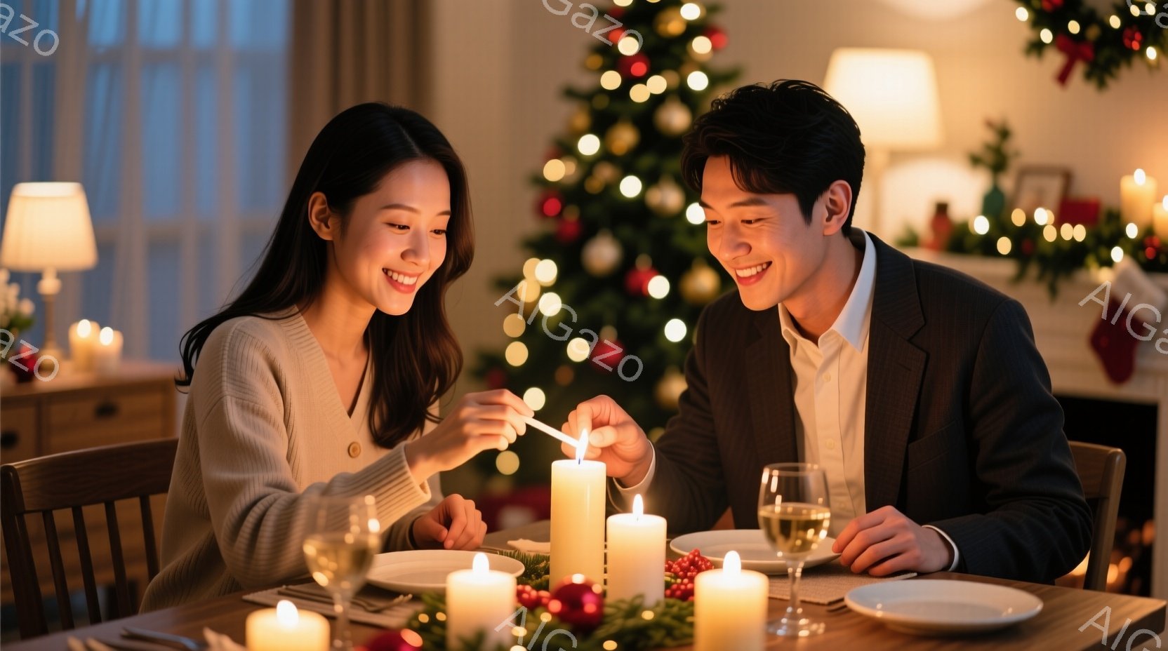 暖炉のある部屋で、若い男女がクリスマスディナーを楽しんでいる様子が描かれています。女性はオフホワイトのセーターを着ており、長い髪を肩から垂らしています。男性はダークグレーのスーツを着ており、女性の視線 - AI生成フリー素材