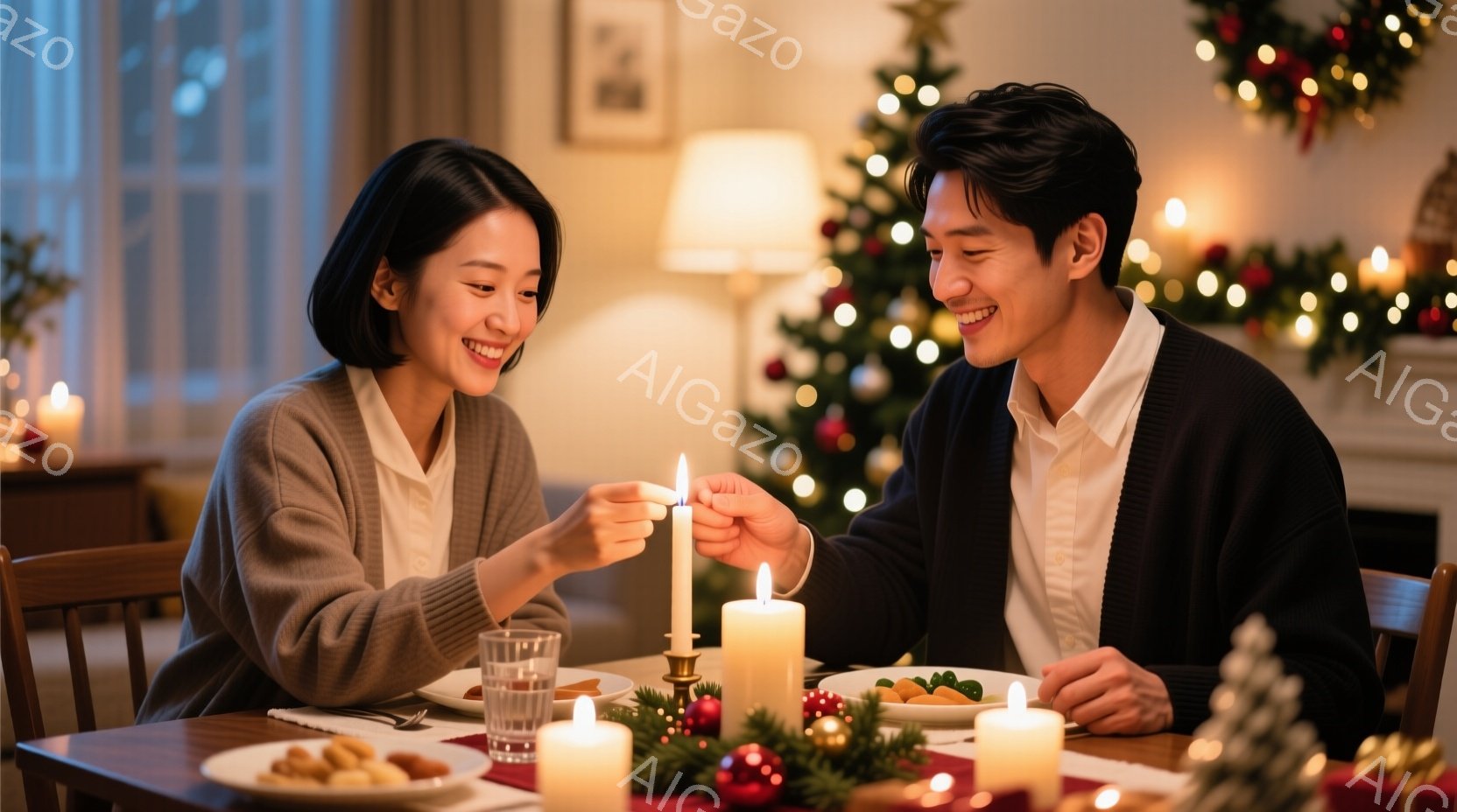 若い男女がダイニングテーブルを囲み、キャンドルに火を灯している様子が写っている。女性はベージュのセーターを着て微笑んでおり、男性は黒いカーディガンを着て穏やかな表情で火を灯している。背景にはクリスマス - AI生成フリー素材