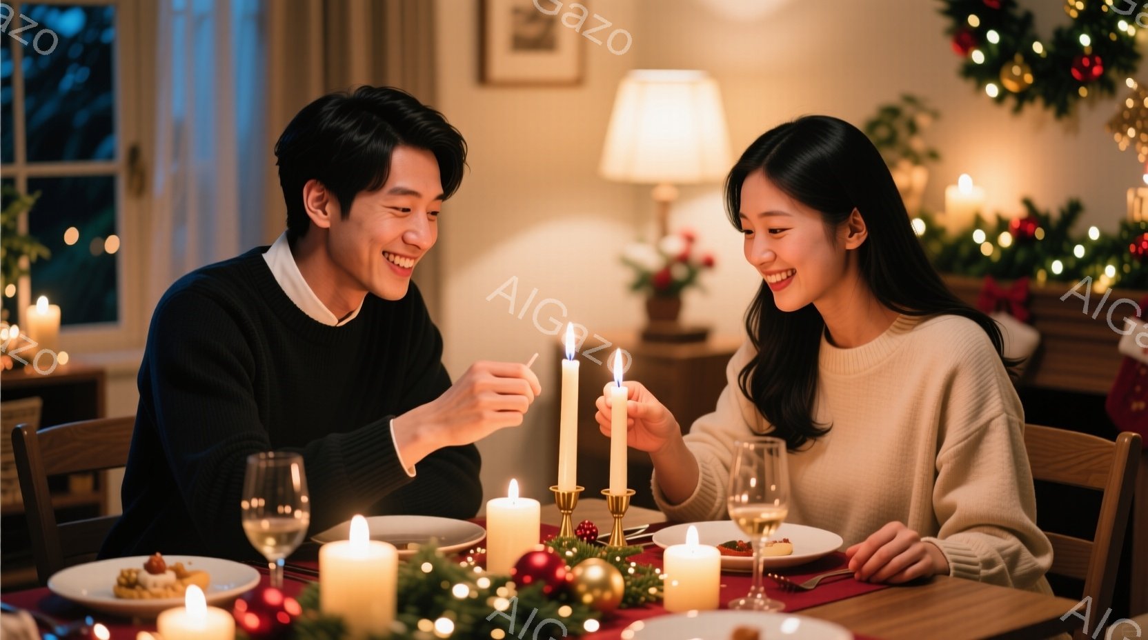 一対の男女がダイニングテーブルを挟んで向き合い、キャンドルに火を灯そうとしています。男性は黒のセーターを着ており、女性はオフホワイトのセーターを着ていて、共に微笑んでいます。背景には、クリスマスツリー - AI生成フリー素材
