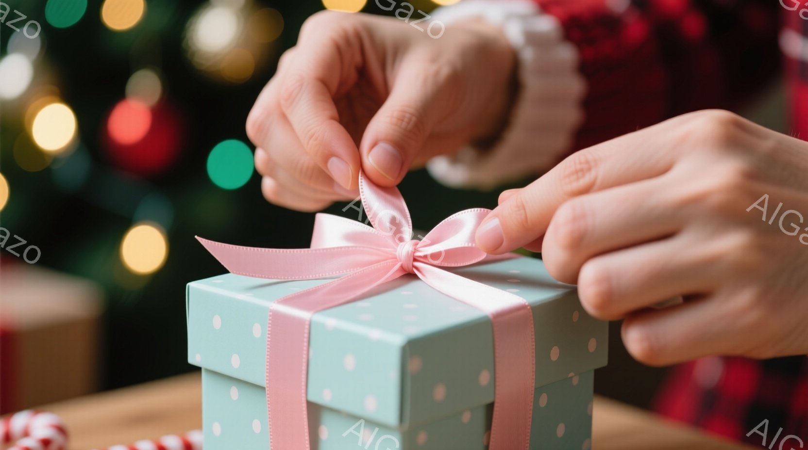 薄い水色の水玉模様のギフトボックスが2つ積み重ねられており、ピンクのリボンが丁寧に結ばれています。ギフトボックスをラッピングしている人の手が写っており、リボンの結び目を整えている様子が伺えます。背景には、赤いチェック柄の布とぼやけたクリスマスツリーの光が確認でき、温かく華やかなクリスマスの雰囲気が漂っています。