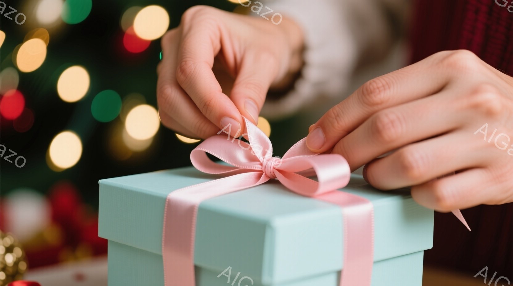明るいターコイズブルーのギフトボックスが積み重ねられ、ピンクのリボンが丁寧に結ばれています。手がギフトボックスに集中しており、背景にはぼやけたクリスマスツリーのライトが暖かく光り、お祝いの雰囲気を醸し - AI生成フリー素材