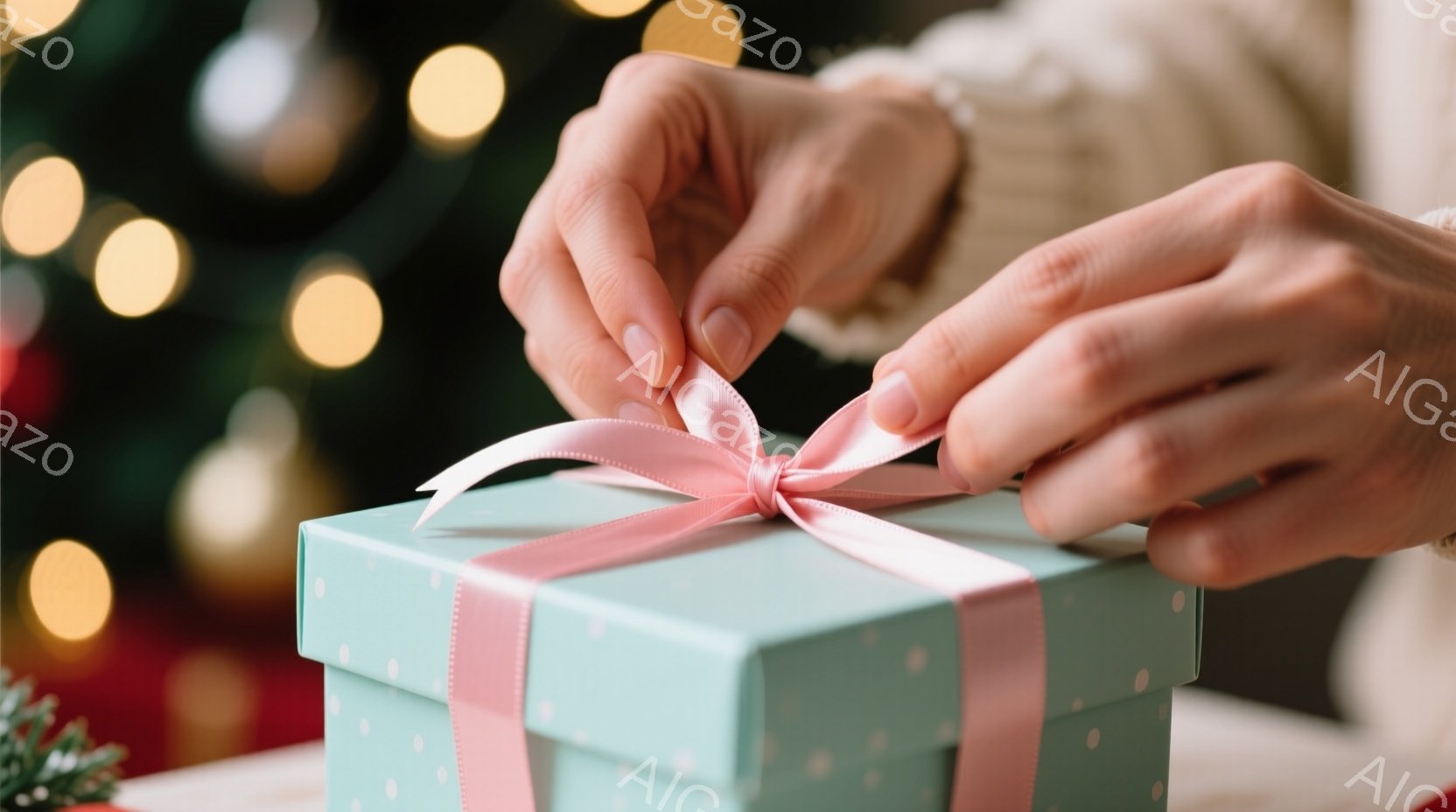 薄い水色の水玉模様のギフトボックスが、ピンクのリボンで丁寧にラッピングされている様子が捉えられています。手は柔らかいセーターのようなものを着ており、リボンの結び目を整えようとしている様子が伺えます。背景はぼやけたクリスマスツリーの光で、温かく、お祝いの雰囲気を醸し出しています。