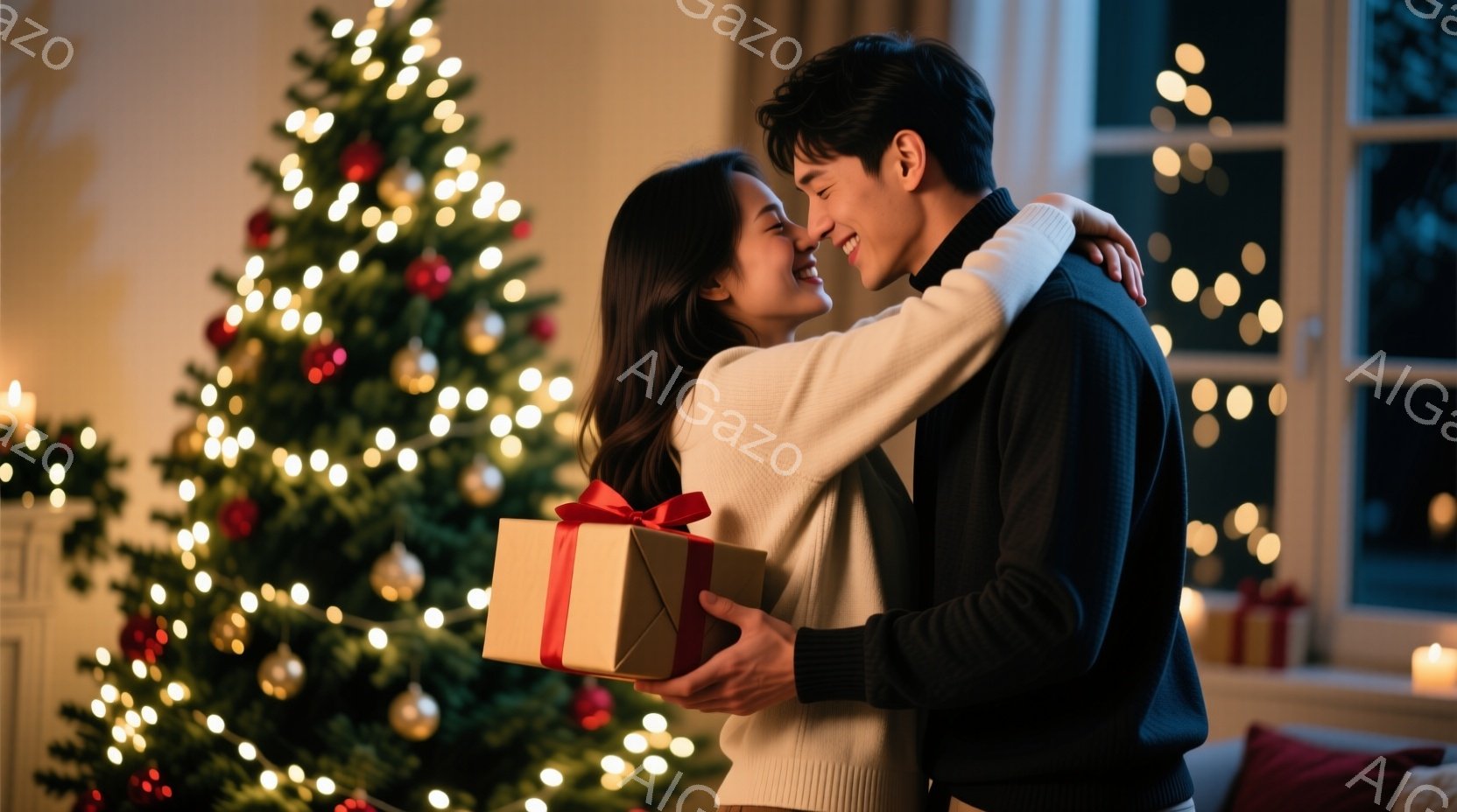 一対のカップルがクリスマスツリーの前に立っており、女性は男性からプレゼントを受け取って抱きしめられています。女性は白いセーターを着ており、長い黒髪を後ろに流しています。男性は紺色のニットを着ており、満 - AI生成フリー素材