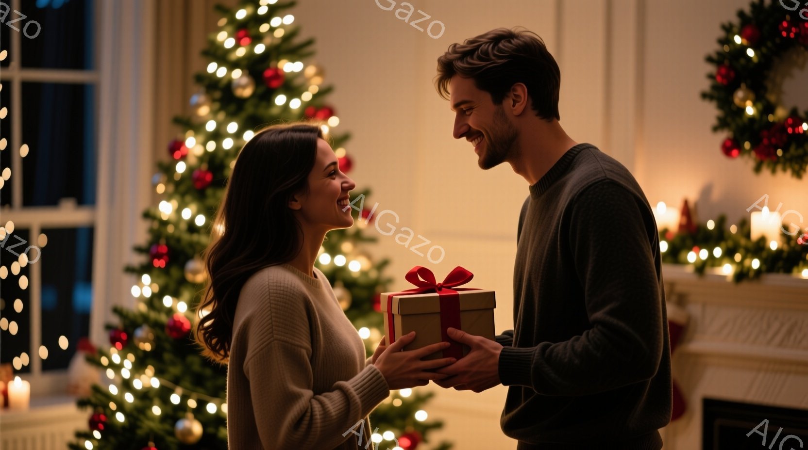 暖炉とクリスマスツリーを背景に、女性が男性からプレゼントを受け取ろうとしている場面です。女性は長い茶髪で、白いセーターを着て微笑んでいます。男性は濃い色のニットを着ており、プレゼントを手渡しながら楽し - AI生成フリー素材
