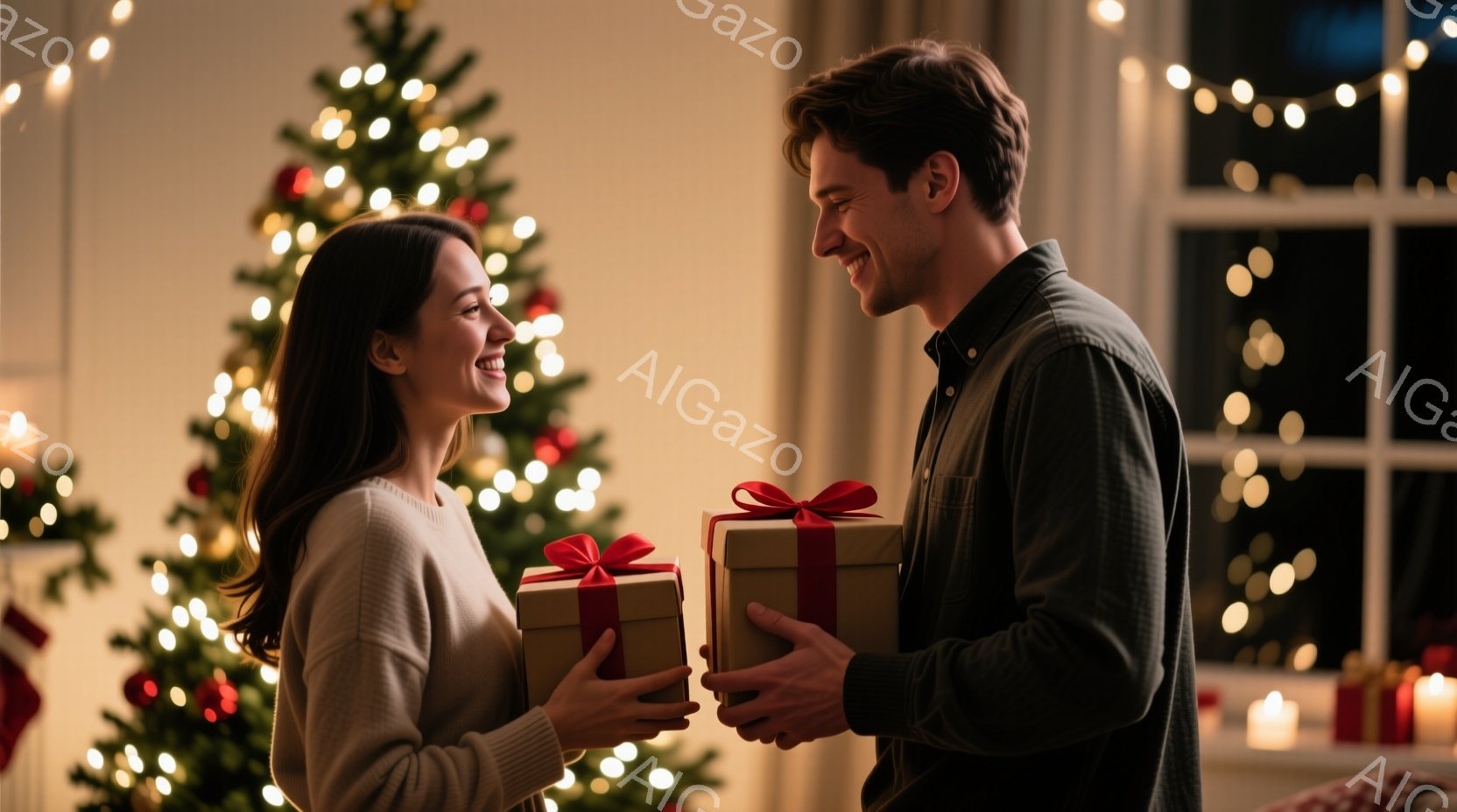長い茶色の髪の女性と、黒髪の男性がクリスマスプレゼントを交換し合っている様子が写っている。女性はベージュのセーターを着て微笑み、男性は濃い緑のシャツを着て優しく見つめ合っている。背景にはクリスマスツリ - AI生成フリー素材