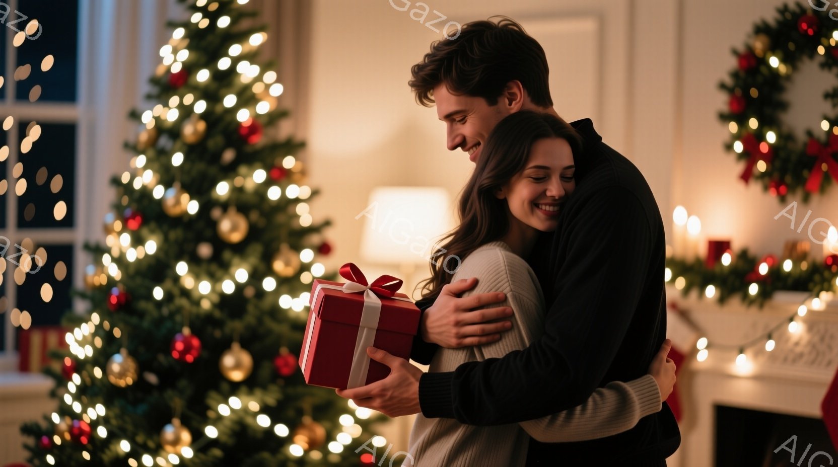 クリスマスツリーの前で、若い男性が赤いリボンで飾られた赤いギフトボックスを女性に手渡しています。女性は笑顔でギフトを受け取り、男性に抱きしめられています。背景には、暖炉とキラキラと輝くクリスマスツリー - AI生成フリー素材