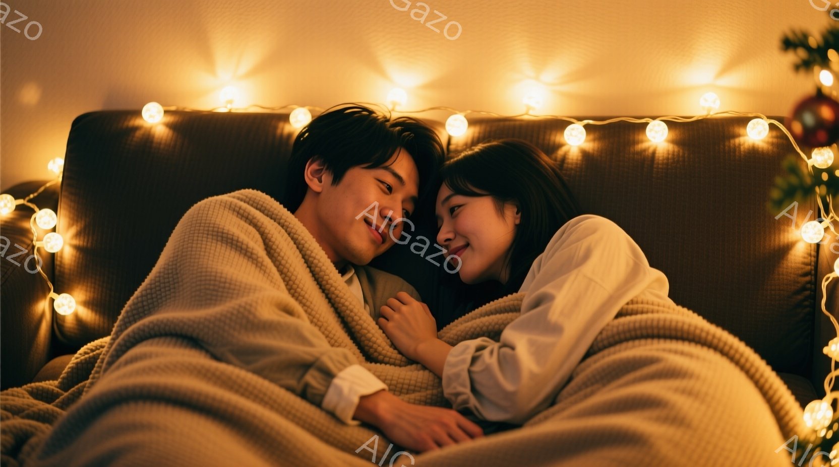 柔らかい毛布に包まれた若いカップルが、ソファーで寄り添って微笑んでいます。男性はダークブラウンの髪で、女性は黒髪で、どちらもリラックスした表情をしています。背景には、暖色の電飾が飾られ、温かくロマンチ - AI生成フリー素材