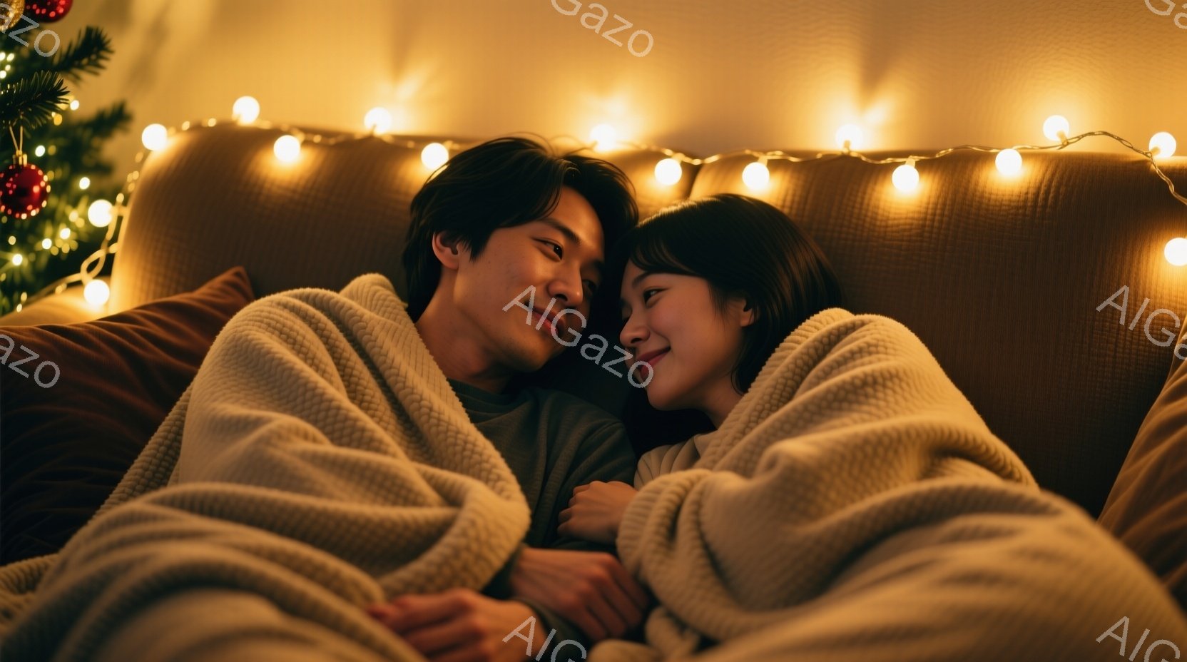 柔らかい毛布に包まれた若い男女が、暖炉の前にあるソファで寄り添っています。男性は黒髪で、穏やかな笑顔を浮かべています。女性も黒髪で、優しく微笑み、男性を見つめており、背景にはぼやけたクリスマスツリーと - AI生成フリー素材