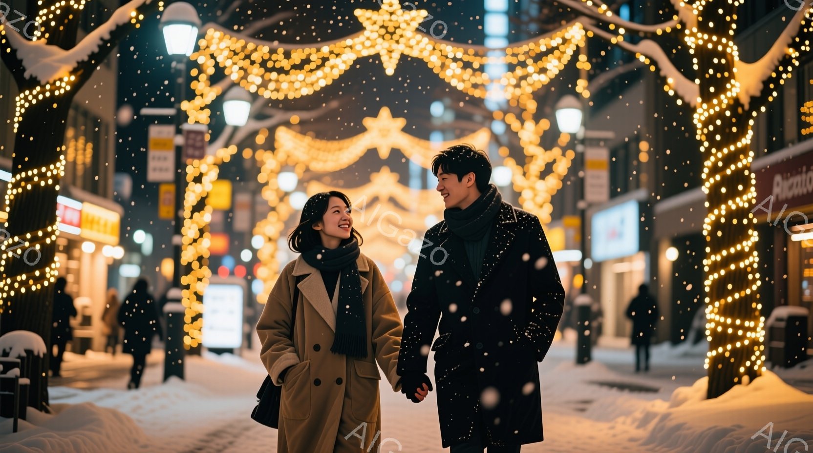 雪が舞う街並みを、若い男女が手をつないで歩いている。女性はベージュ色のコートに黒いスカーフを巻き、笑顔で男性を見上げている。男性は黒いコートを着ており、女性の方を見て微笑んでいる。背景にはクリスマスイ - AI生成フリー素材