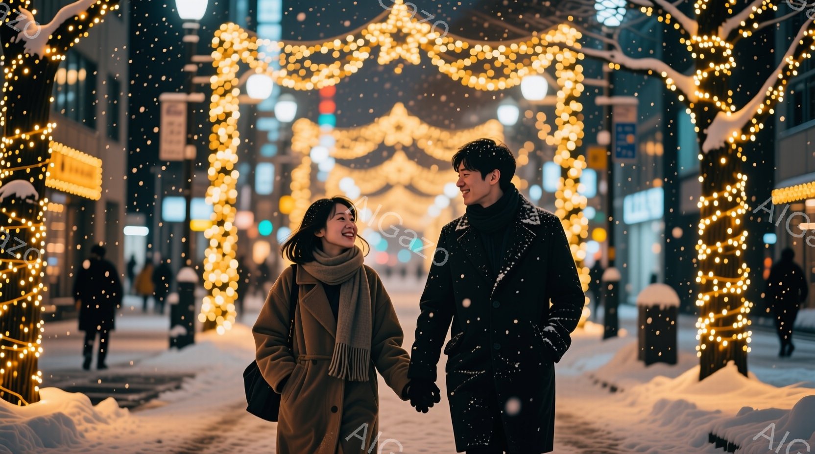 雪が降る中に、若い男女が手をつないで歩いている。女性はベージュ色のコートに白いマフラーを巻き、長い髪を肩にかけて微笑んでいる。男性は黒いコートを着ており、女性の方を見て優しく微笑んでいる背景には、キラ - AI生成フリー素材