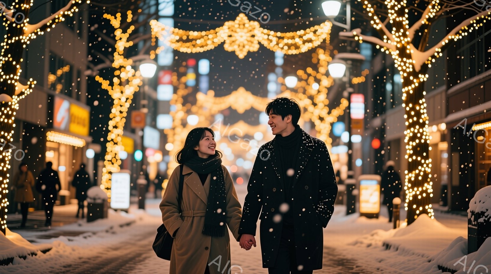 雪が舞う街並みを、若い男女が手をつないで歩いている。女性はベージュのロングコートにスカーフを巻き、笑顔で男性を見つめている。男性は黒いコートを着ており、女性に視線を合わせながら微笑んでいる。背景には、 - AI生成フリー素材