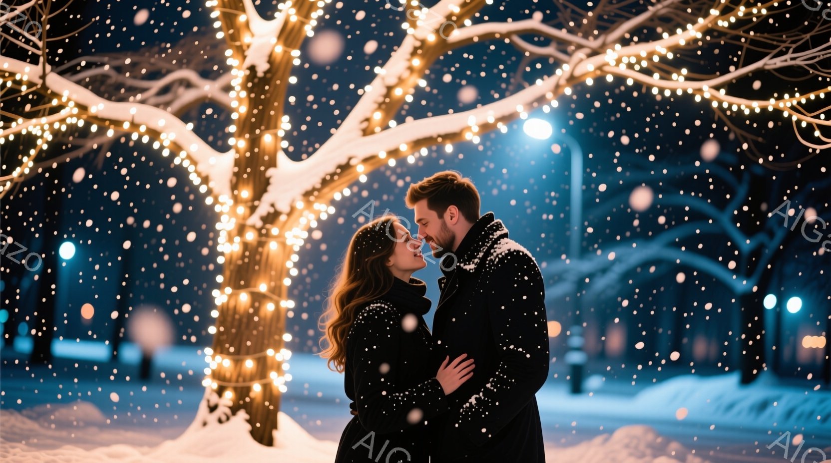 雪が舞う夜、若い男女が寄り添い合っている。女性は長い茶色の髪で、赤いリップと優しい笑顔を見せ、黒いコートを着ている。男性は濃い茶色の髪で、顎髭を生やし、同じように黒いコートを着て、女性を見つめている背 - AI生成フリー素材