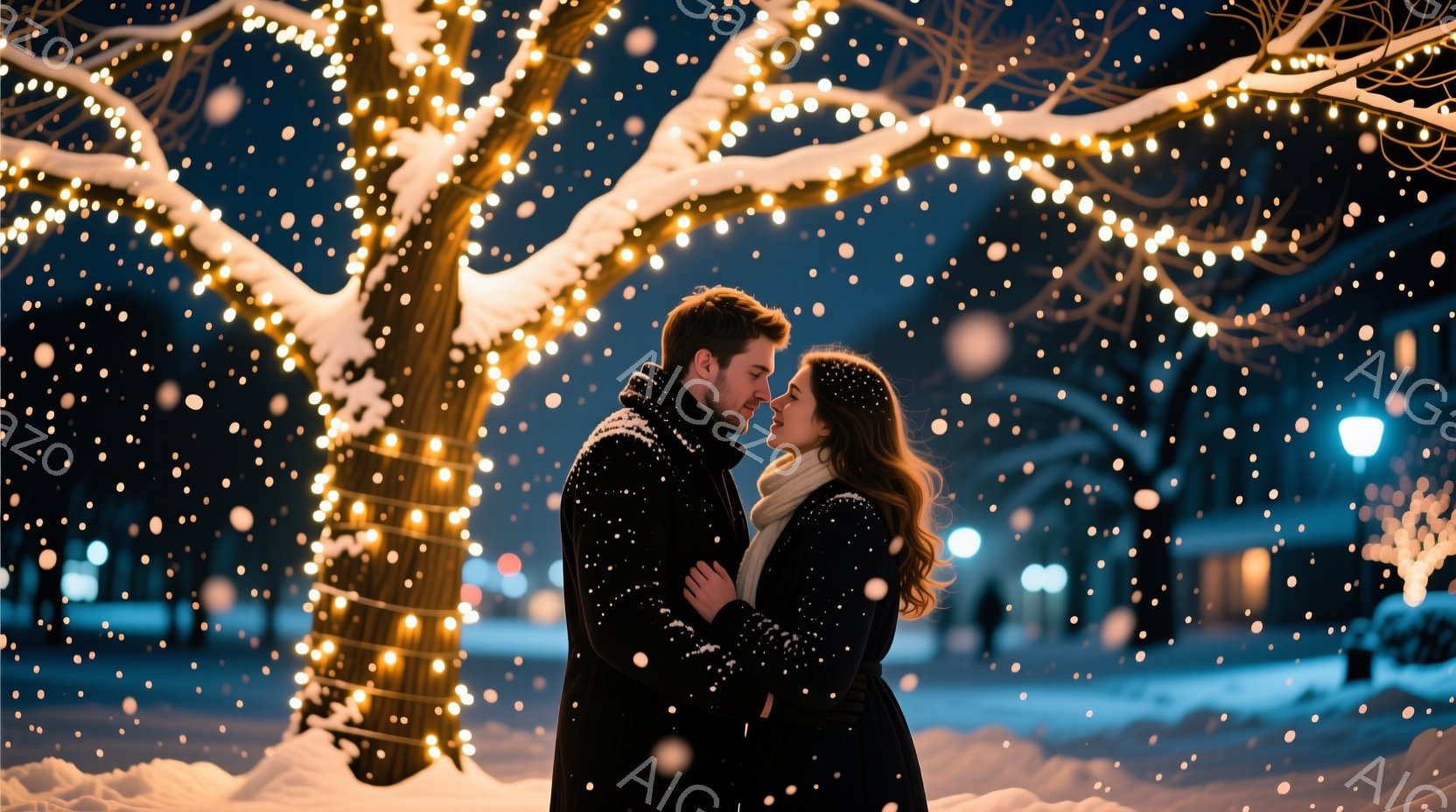 雪が舞う夜、光り輝くクリスマスツリーの下で、一対の男女が寄り添い合っている。男性は黒いコートとニット帽を着用し、女性は白いマフラーを巻き、長い髪を肩から下ろしている。背景にはぼんやりと建物が見え、全体 - AI生成フリー素材