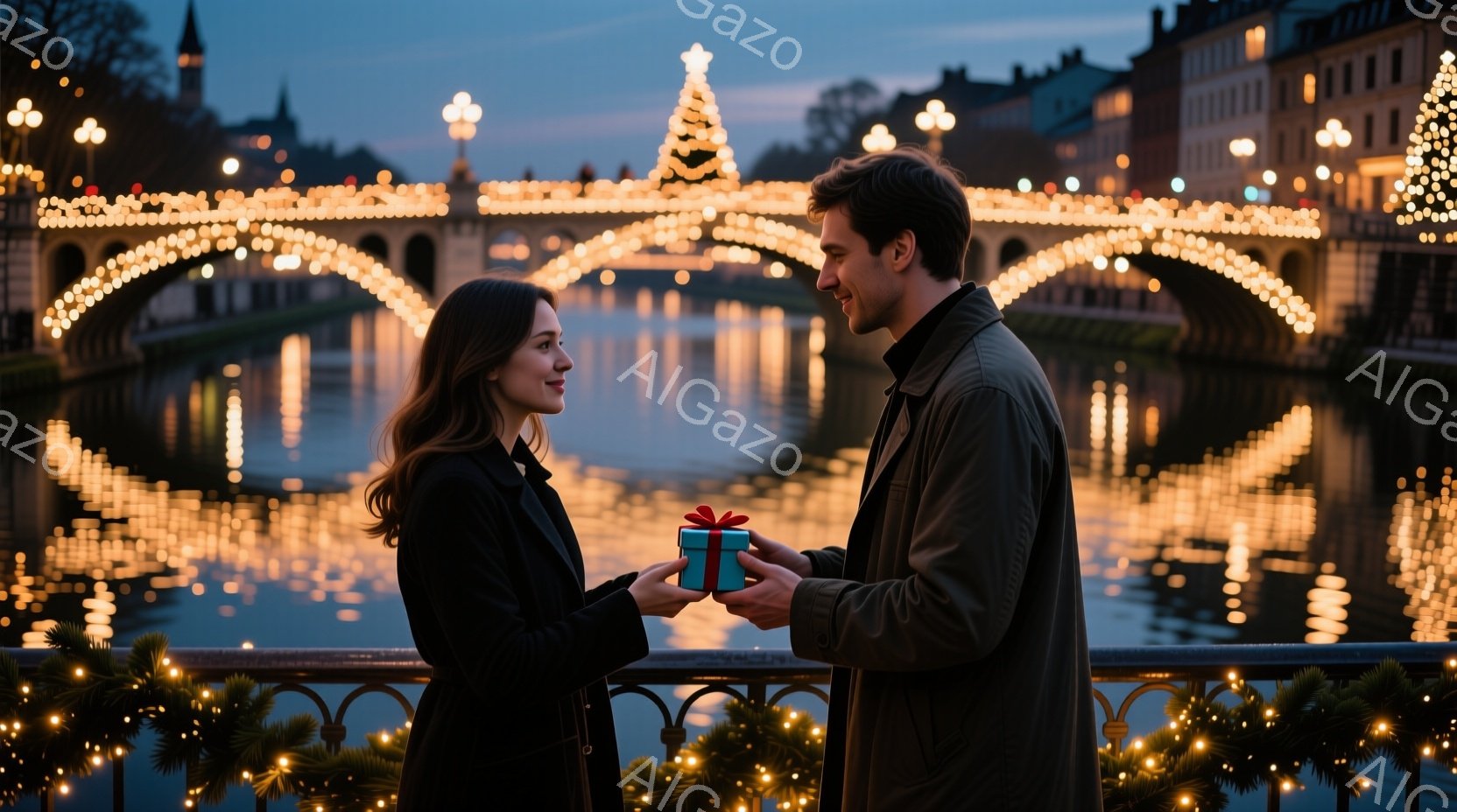 長い髪を後ろに流した女性が黒いコートを着て、プレゼントを受け取ろうと手を伸ばしています。男性は茶色のジャケットを着て、赤いリボンが付いた小さなプレゼントの箱を女性に差し出しています。背景には、ライトア - AI生成フリー素材