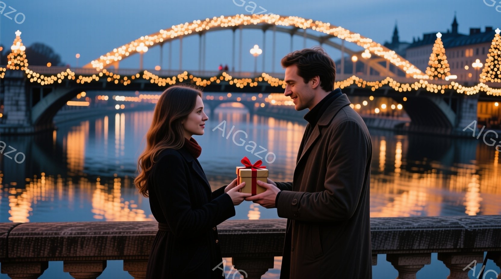 長い茶色の髪をした女性と、濃い色のコートを着た男性が、橋の上でプレゼントを交換しようとしています。男性は女性に赤いリボンで飾られた小さな箱を差し出しており、二人は互いに微笑み合っています。背景には、ライトアップされた橋と水面に反射する光、そして遠くの建物が見え、冬の夜のロマンチックで温かい雰囲気が漂っています。