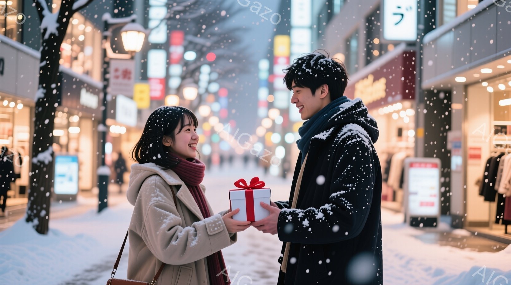 雪が降る街中で、若い女性が男性から赤いリボンで飾られたプレゼントを受け取っています。女性は明るい色のコートに赤いマフラーを合わせ、笑顔でプレゼントを見つめています。背景には店が並び、暖かな光が灯り、冬のロマンチックな雰囲気を醸し出しています。